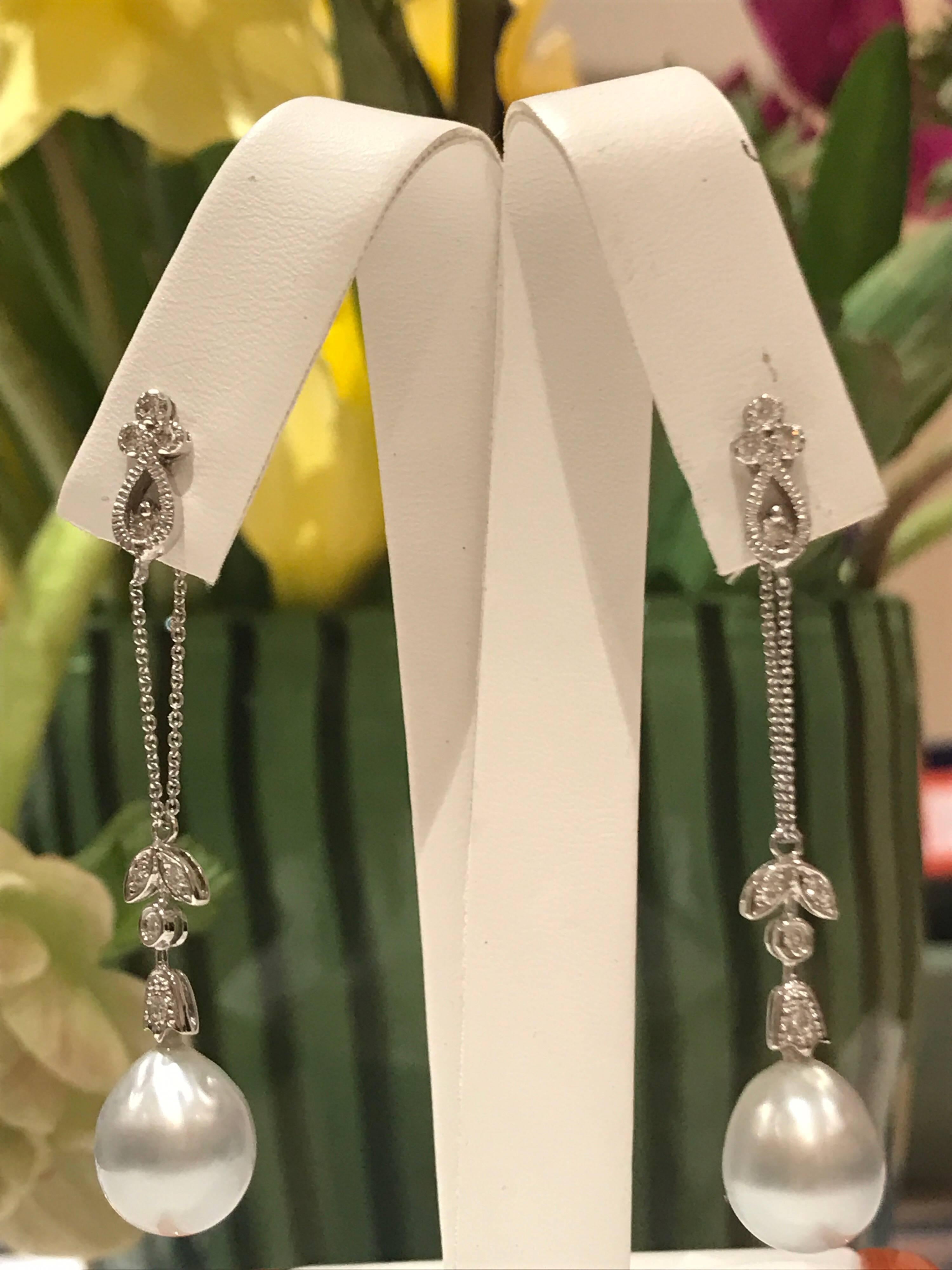 Modern Diamond and Cultured Pearl 18 Karat Earrings For Sale