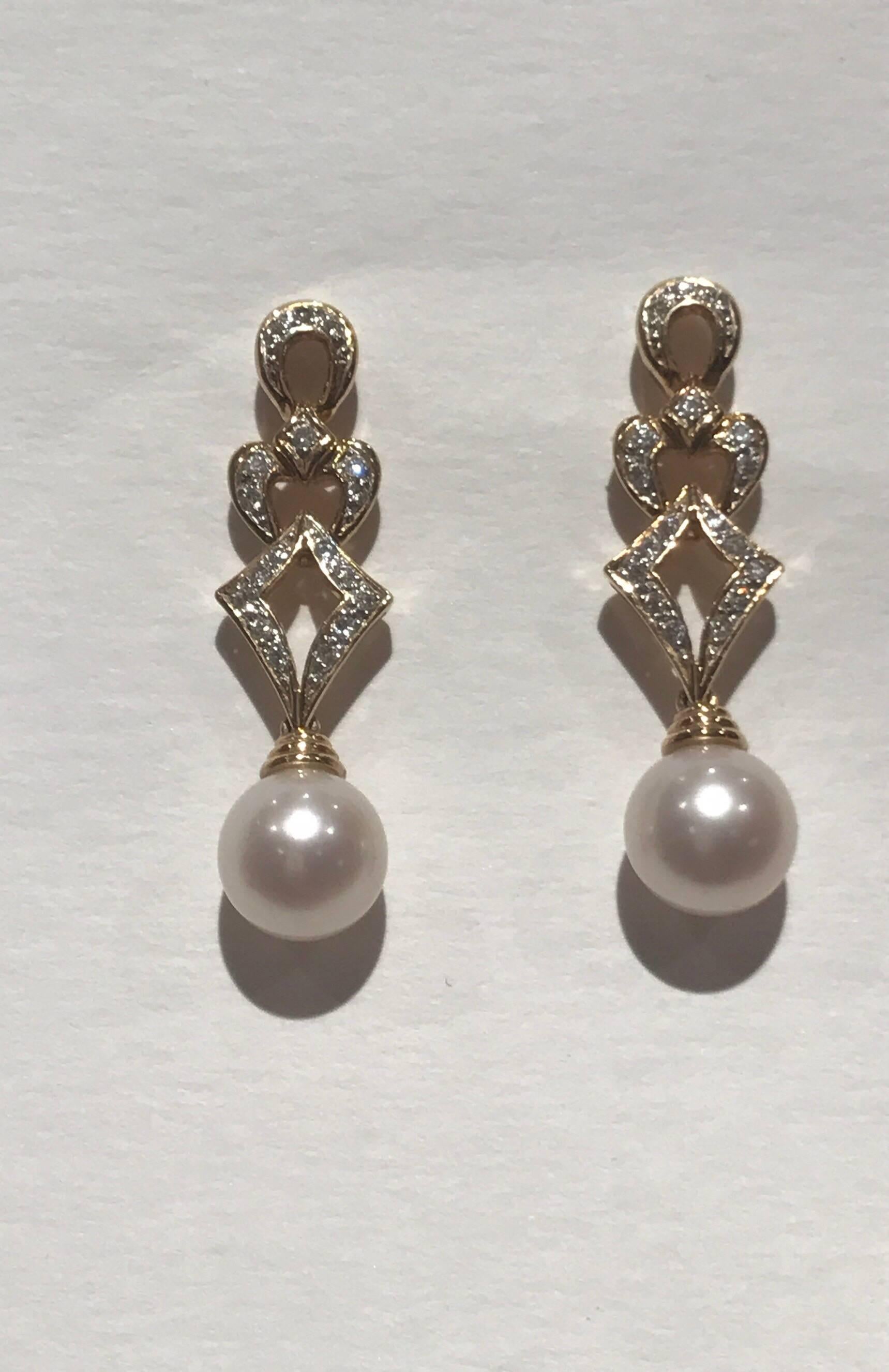 Modern Diamond and Cultured Pearl 18 Karat Gold Earrings For Sale