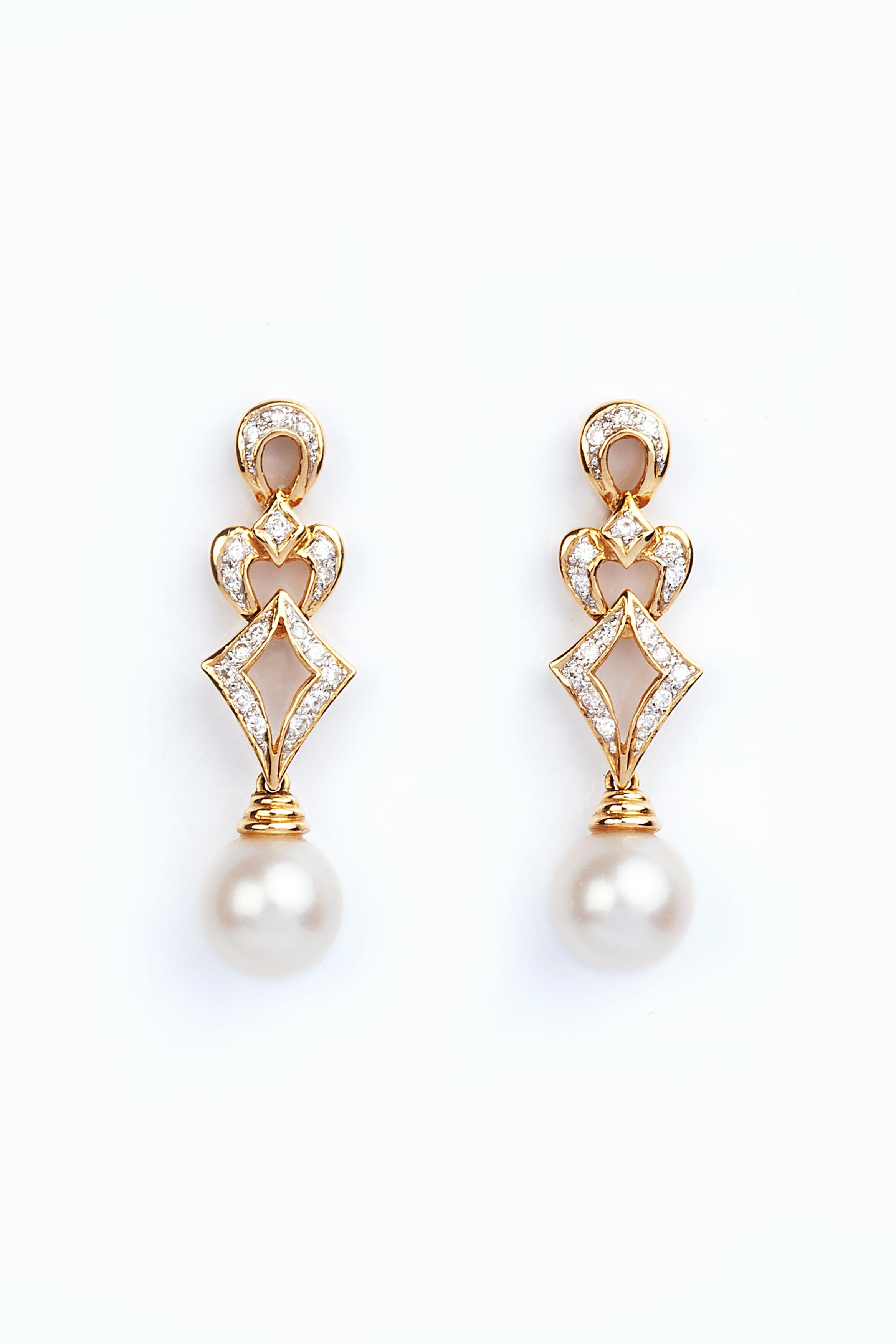 Round Cut Diamond and Cultured Pearl 18 Karat Gold Earrings For Sale