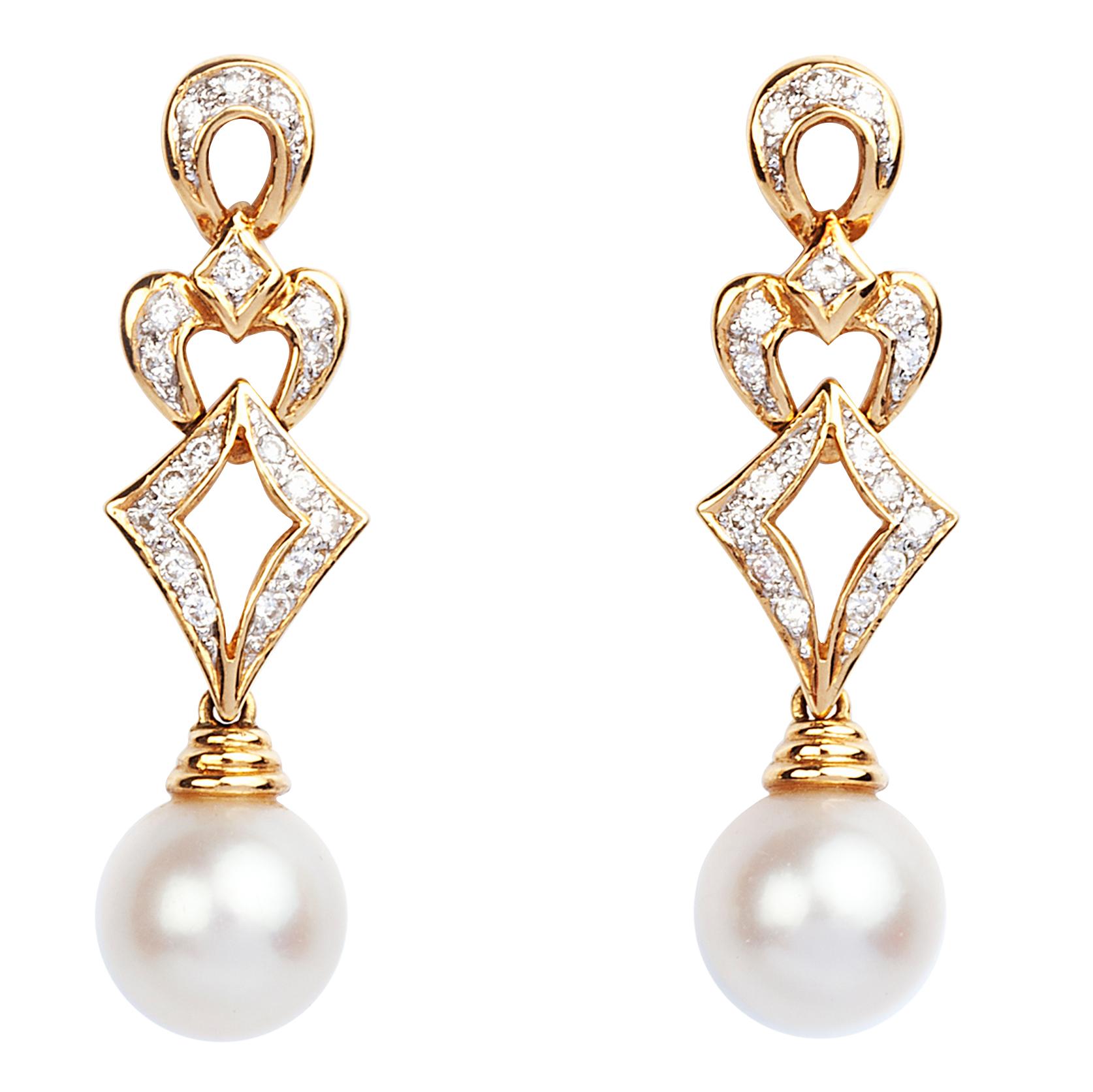 Diamond and Cultured Pearl 18 Karat Gold Earrings For Sale