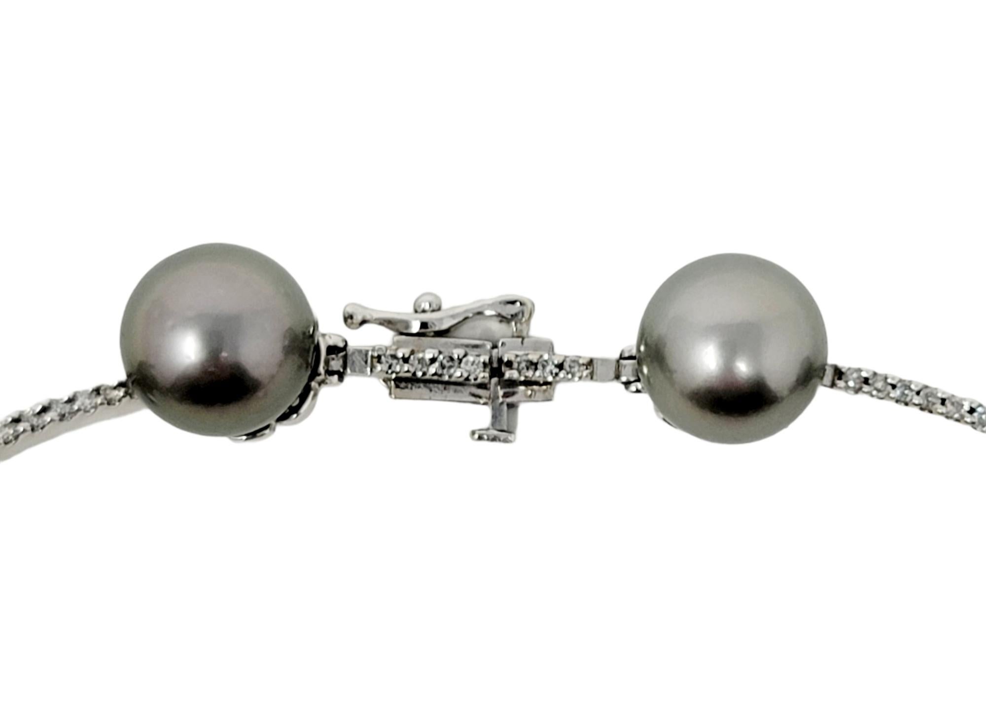 Contemporary Diamond and Cultured Tahitian Silver Pearl 14 Karat White Gold Station Necklace For Sale