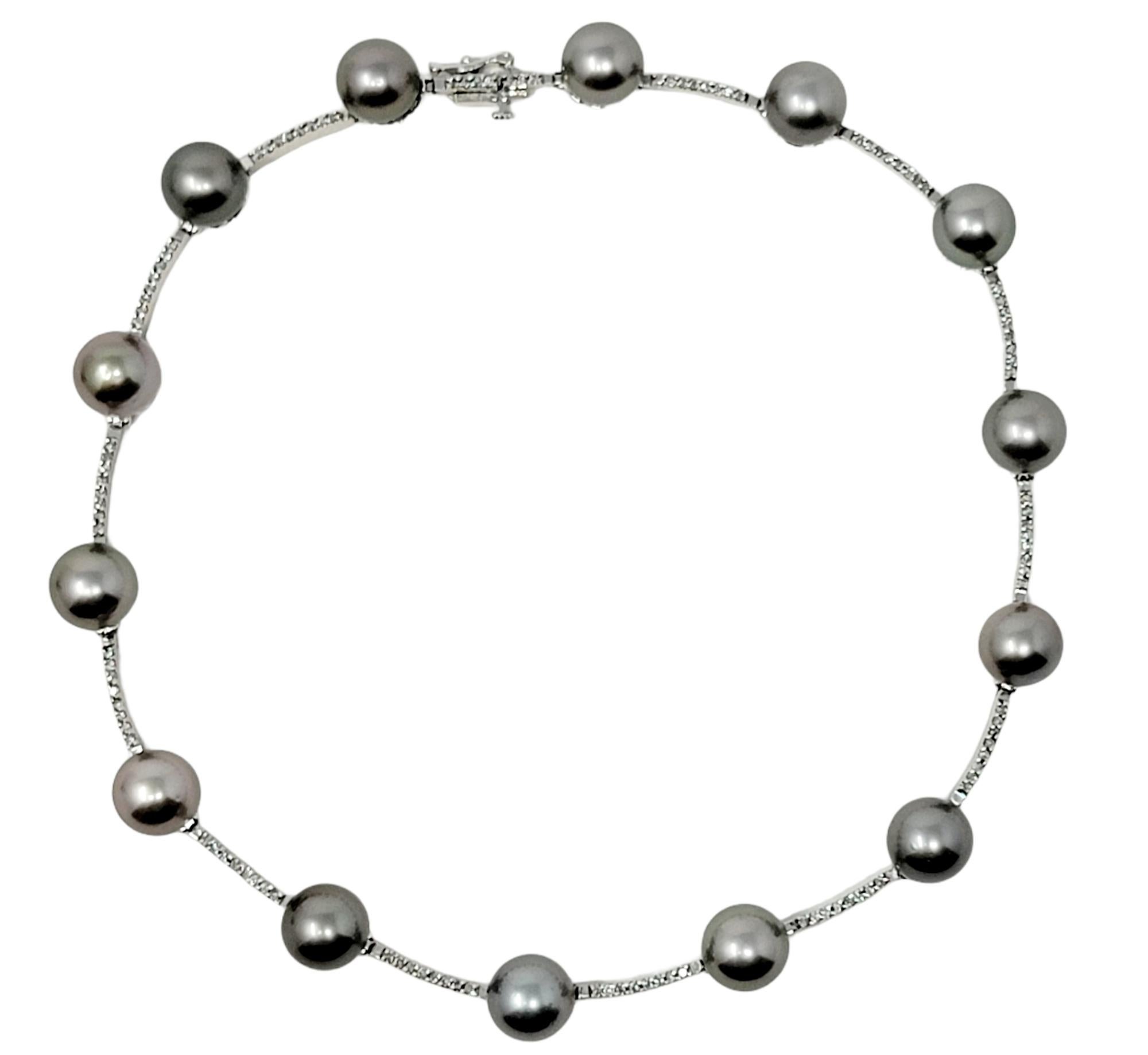 Diamond and Cultured Tahitian Silver Pearl 14 Karat White Gold Station Necklace In Good Condition For Sale In Scottsdale, AZ