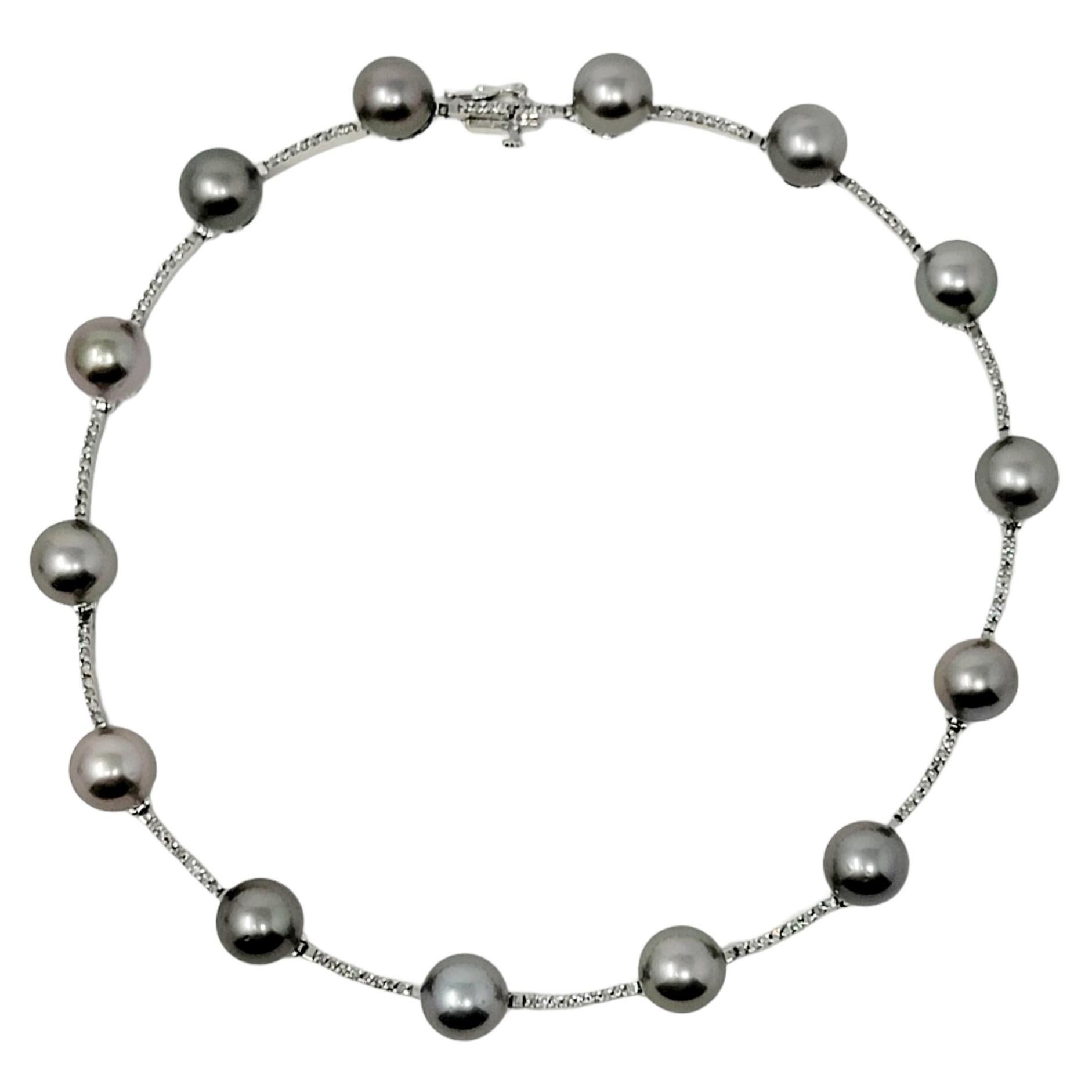 Diamond and Cultured Tahitian Silver Pearl 14 Karat White Gold Station Necklace For Sale