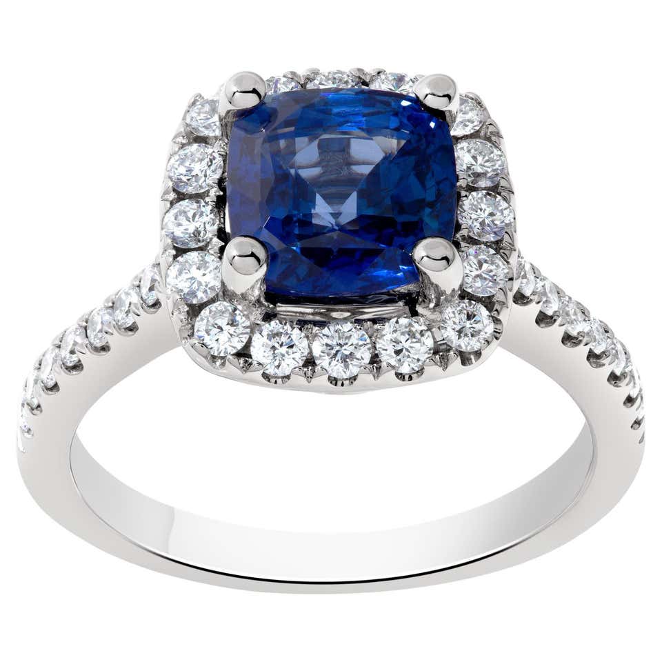 Blue Sapphire Cushion Cut and Diamond Engagement Ring in 18 Karat White ...