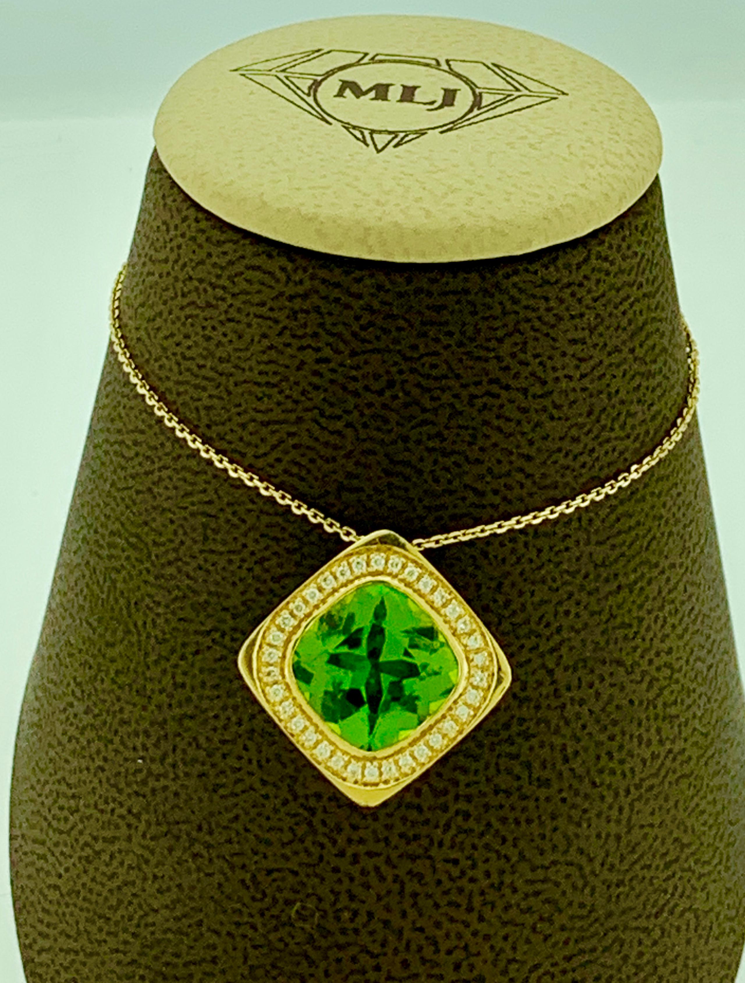 Cushion Cut Diamond and Cushion Shape Peridot Pendant Necklace 14 Karat Yellow Gold