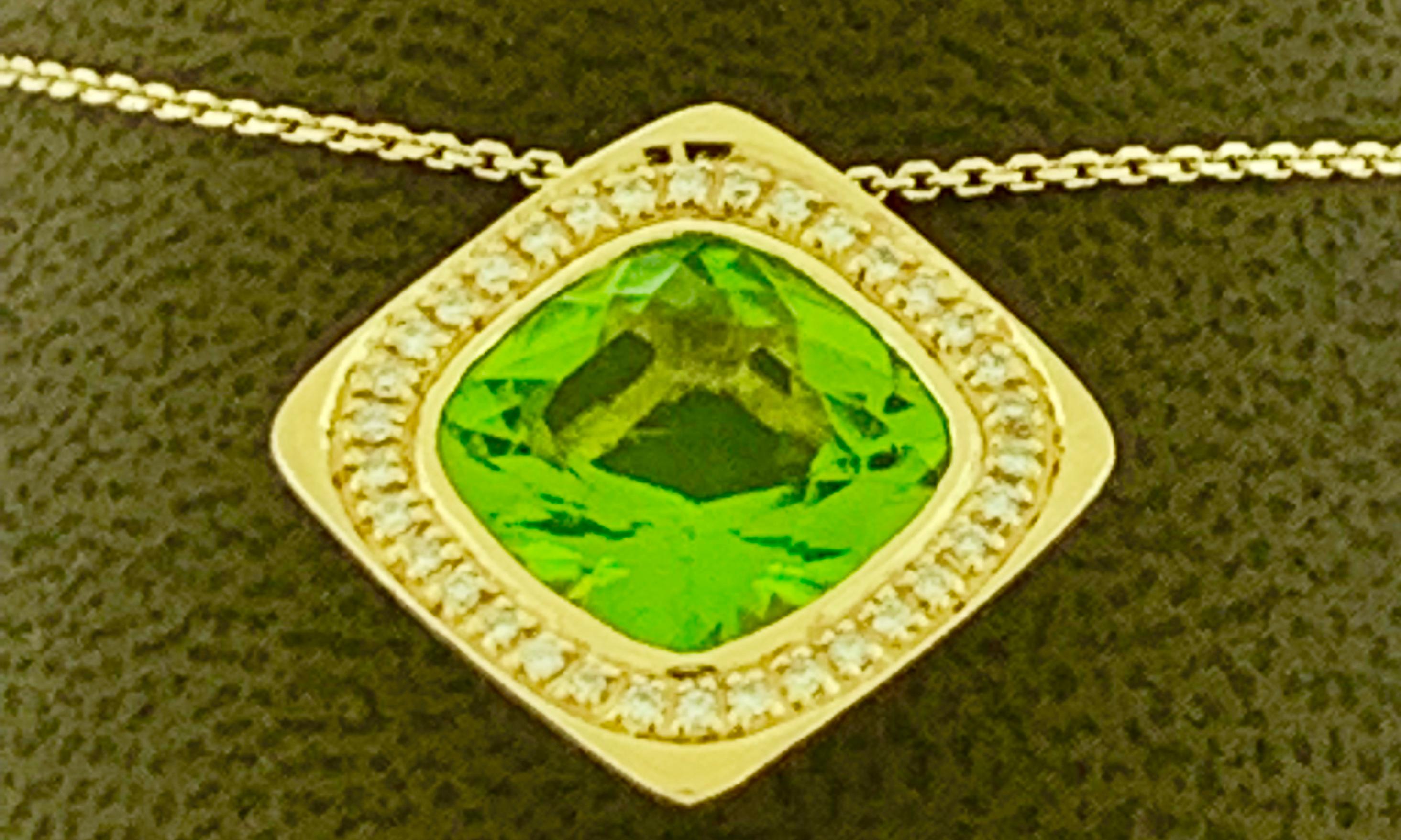 Diamond and Cushion Shape Peridot Pendant Necklace 14 Karat Yellow Gold 1