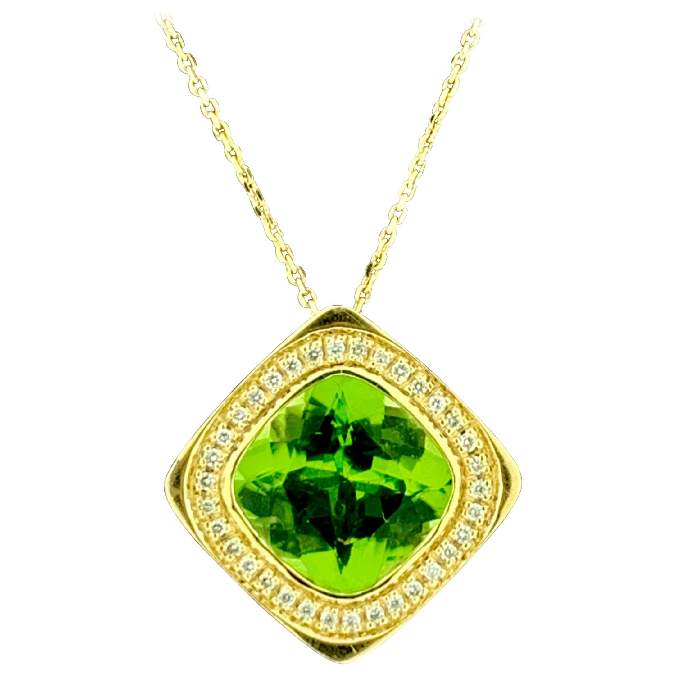 Diamond and Cushion Shape Peridot Pendant Necklace 14 Karat Yellow Gold