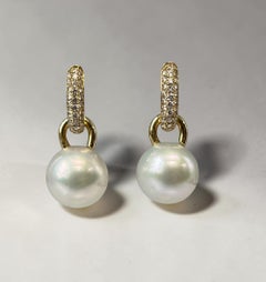 Diamond and Detachable 11mm White South Sea Pearl Earrings in 18k Yellow Gold