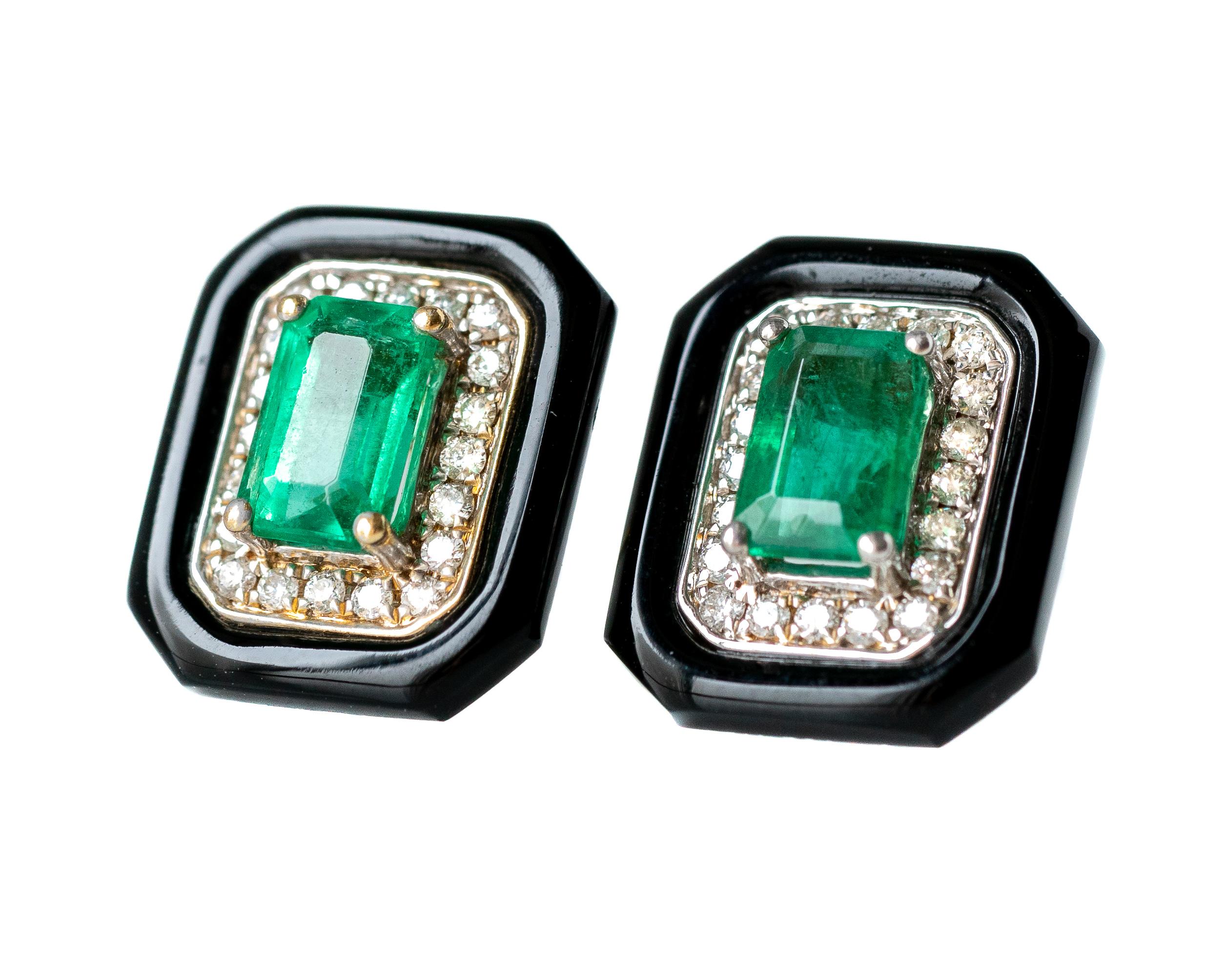 Diamant- und Smaragd-Ohrstecker aus 14 Karat zweifarbigem Gold und Onyx (Zeitgenössisch)