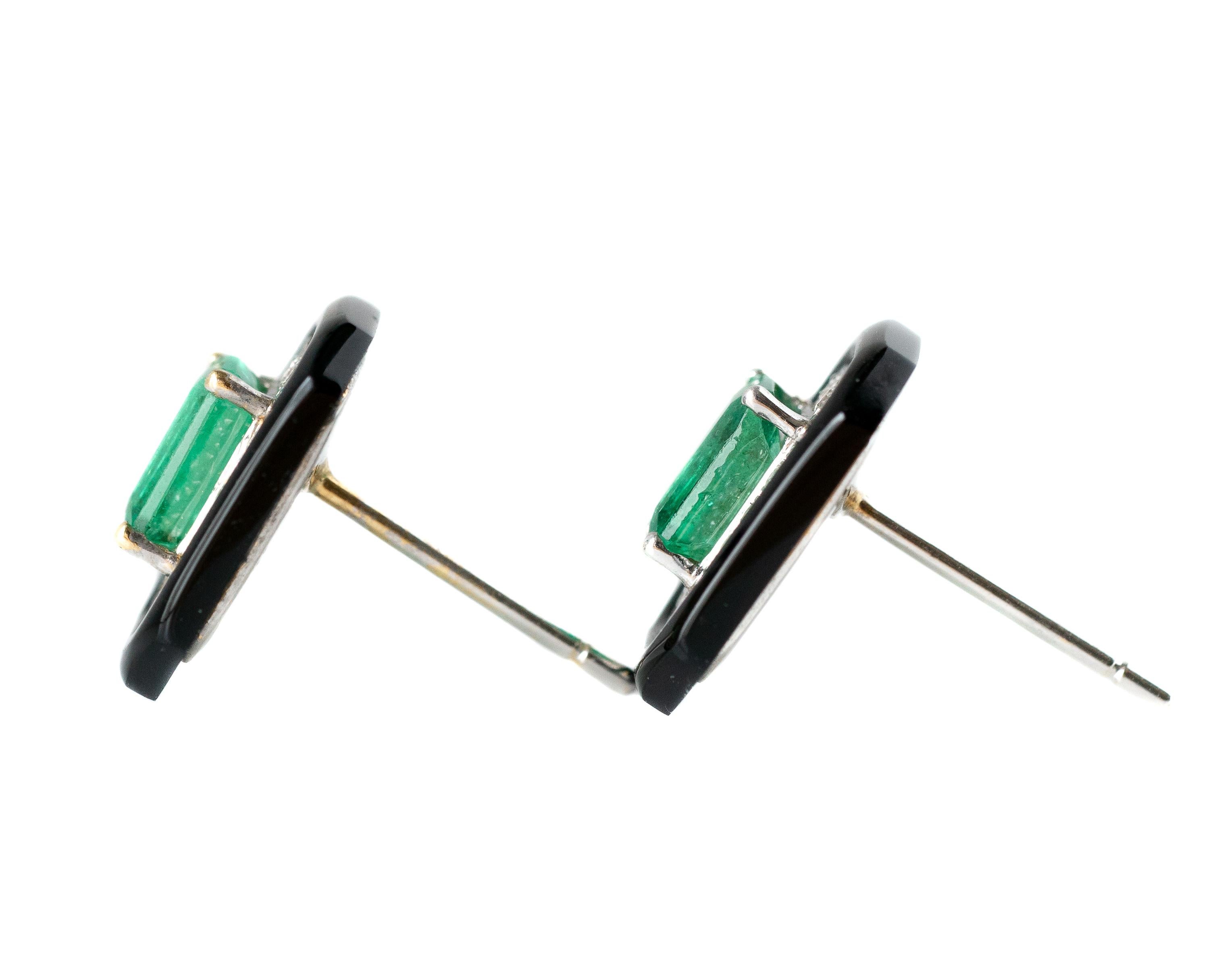 Diamant- und Smaragd-Ohrstecker aus 14 Karat zweifarbigem Gold und Onyx (Smaragdschliff)