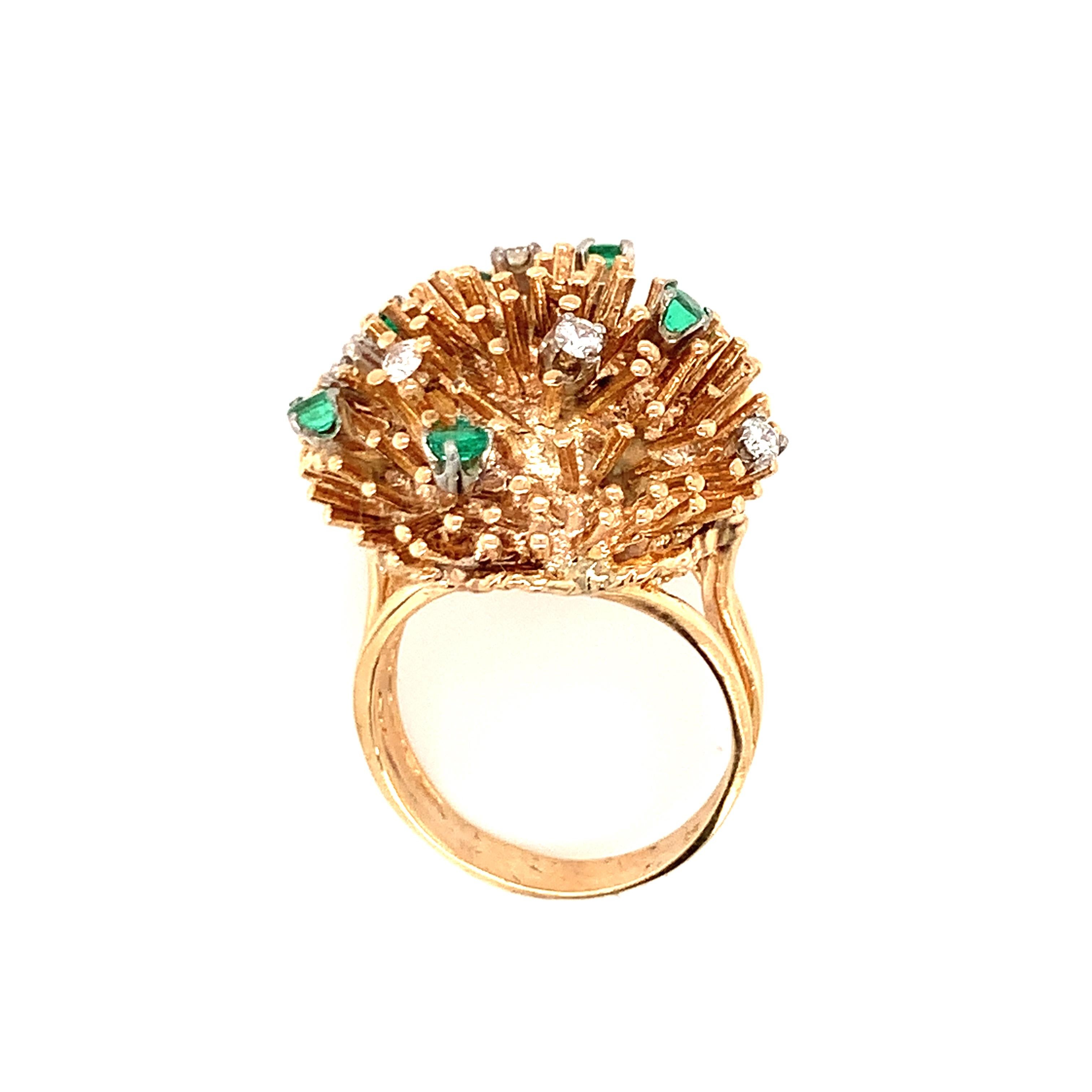 Diamond and Emerald 14K Yellow Gold Starburst Ring For Sale 1
