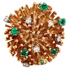 Retro Diamond and Emerald 14K Yellow Gold Starburst Ring