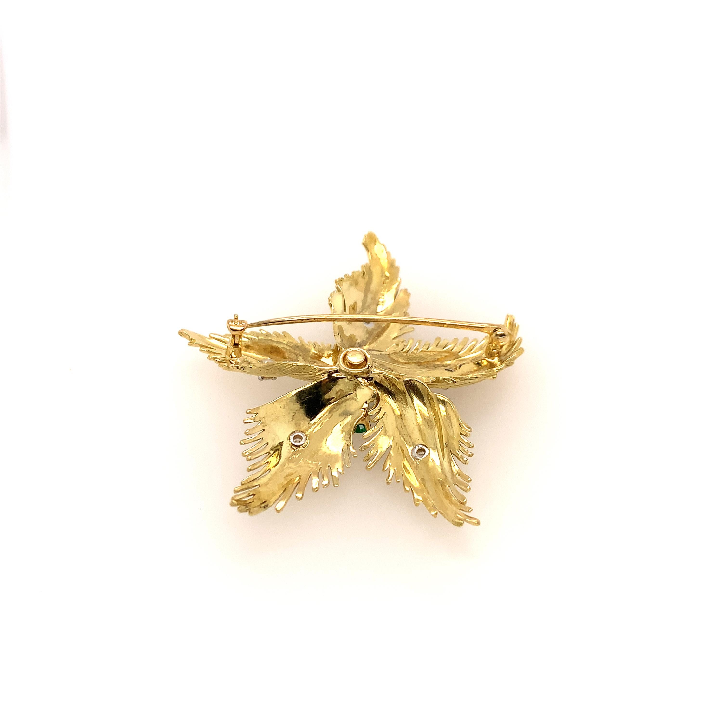 Modern Diamond and Emerald 18K Yellow Gold Floral Brooch  For Sale