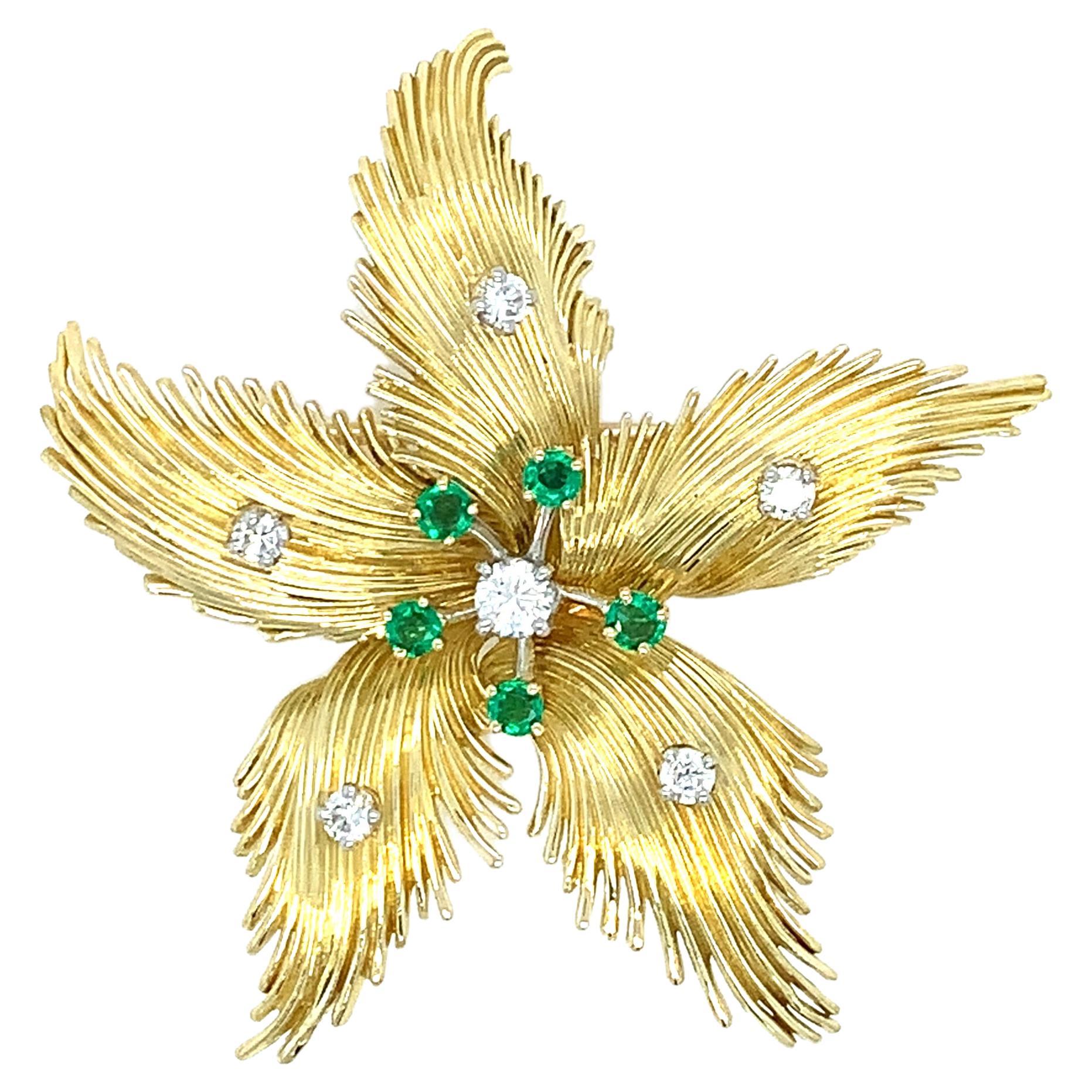 Diamond and Emerald 18K Yellow Gold Floral Brooch  For Sale