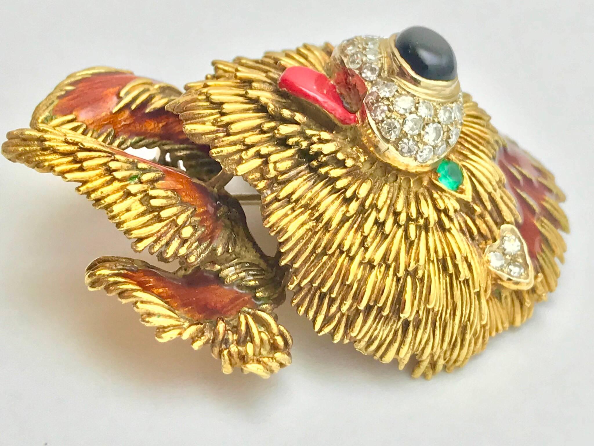 Round Cut Diamond and Emerald 1960s Frascarolo Happy Dog Diamond Gold Enamel Brooch Pin