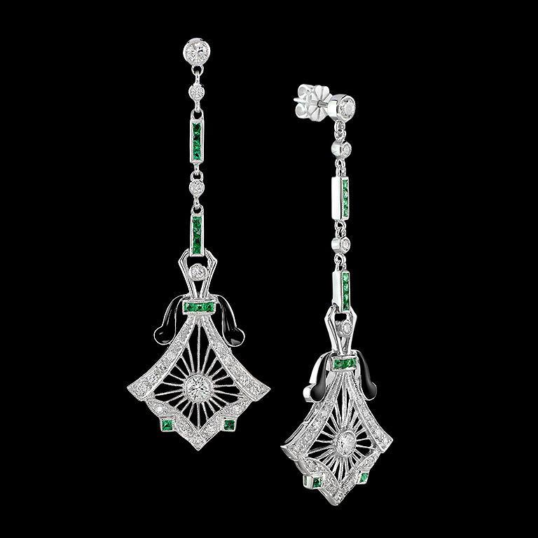 Art Deco Diamond and Emerald Antique Style Drop Earrings in 14K White Gold For Sale