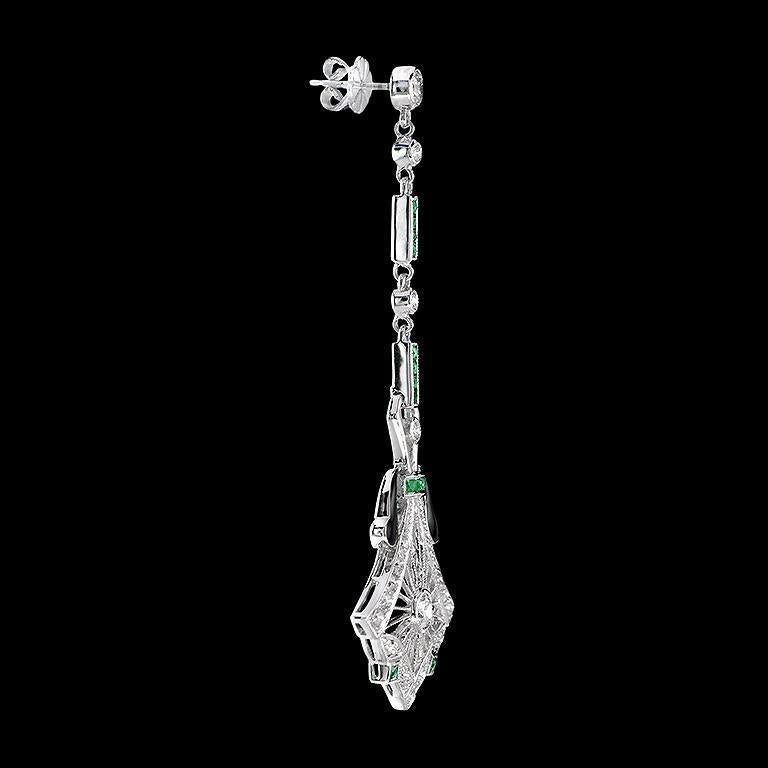 Round Cut Diamond and Emerald Antique Style Drop Earrings in 14K White Gold For Sale