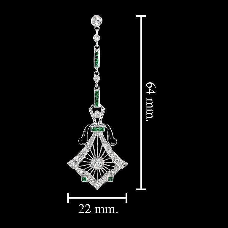 Diamond and Emerald Antique Style Drop Earrings in 14K White Gold For Sale 1