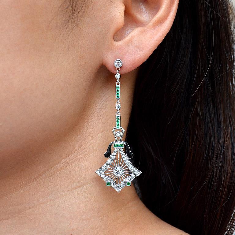 Diamond and Emerald Antique Style Drop Earrings in 14K White Gold For Sale 2