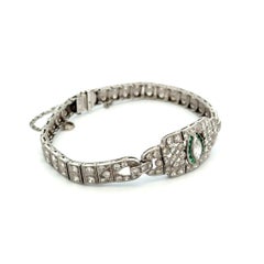 Diamond and Emerald Art Deco 1920s Platinum Bracelet Estate Fine Jewelry
