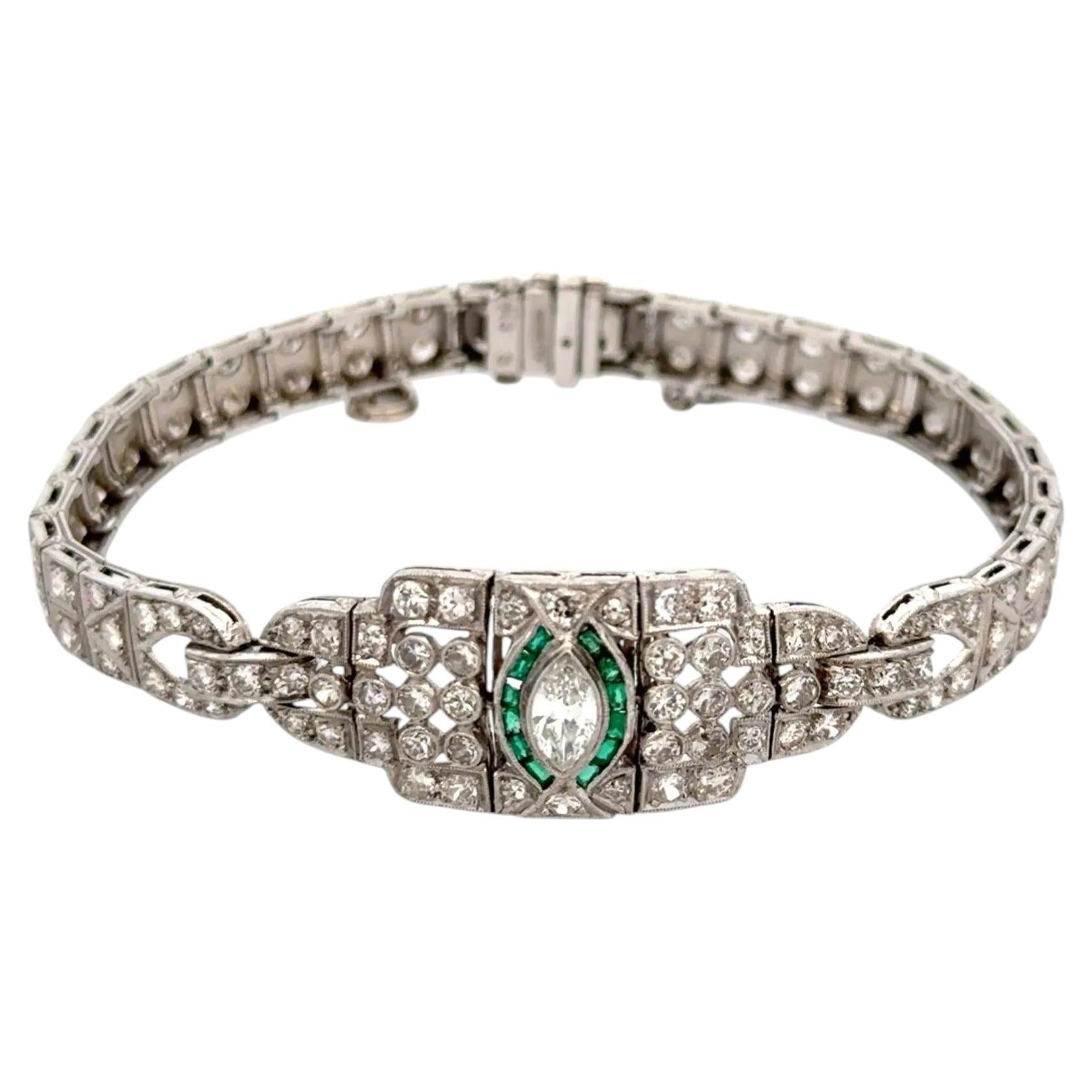 Diamond and Emerald Art Deco 1920s Platinum Bracelet Estate Fine Jewelry