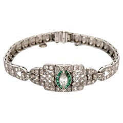 Diamond and Emerald Art Deco 1920s Platinum Bracelet Estate Fine Jewelry