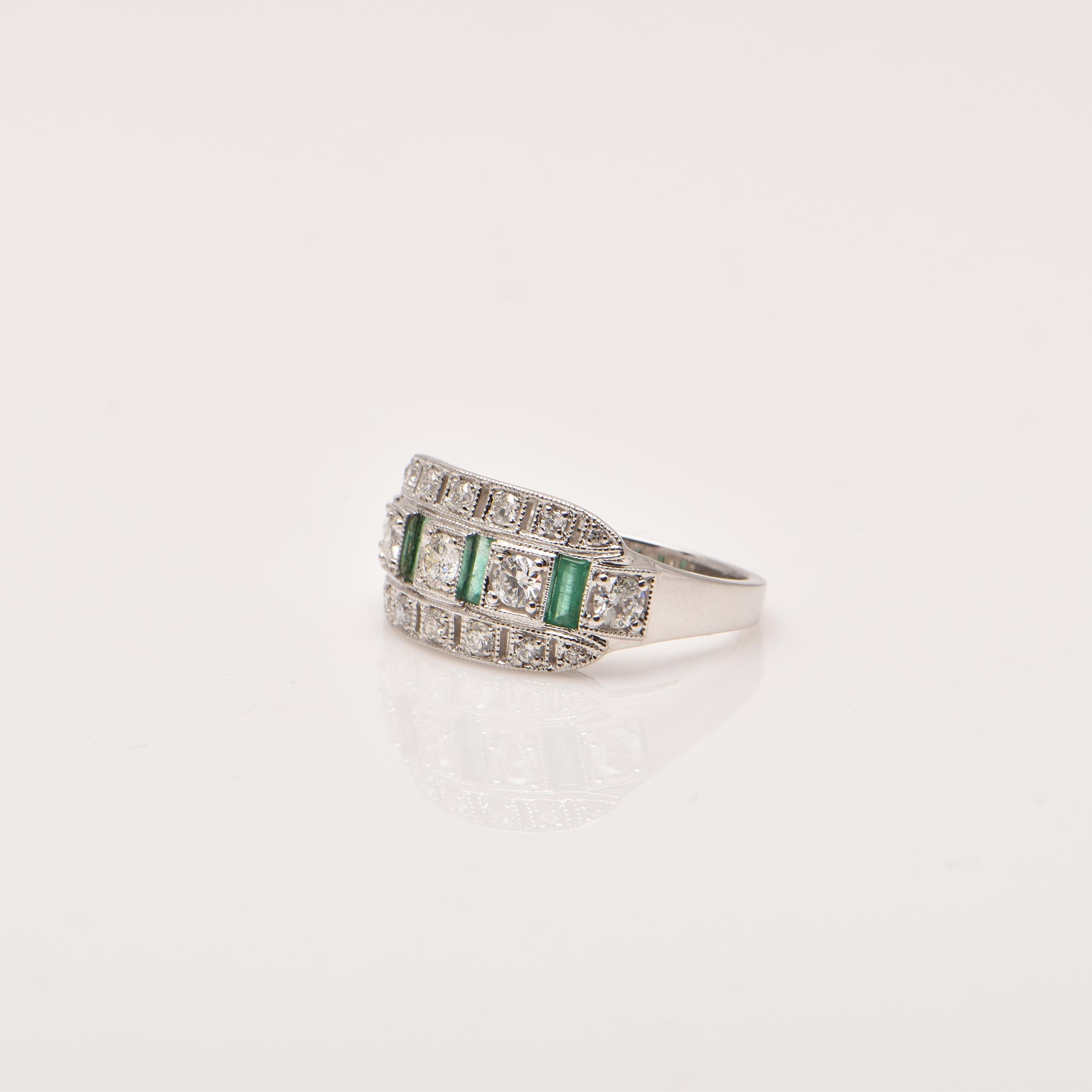 Baguette Cut Diamond and Emerald Art Deco Dress Ring For Sale