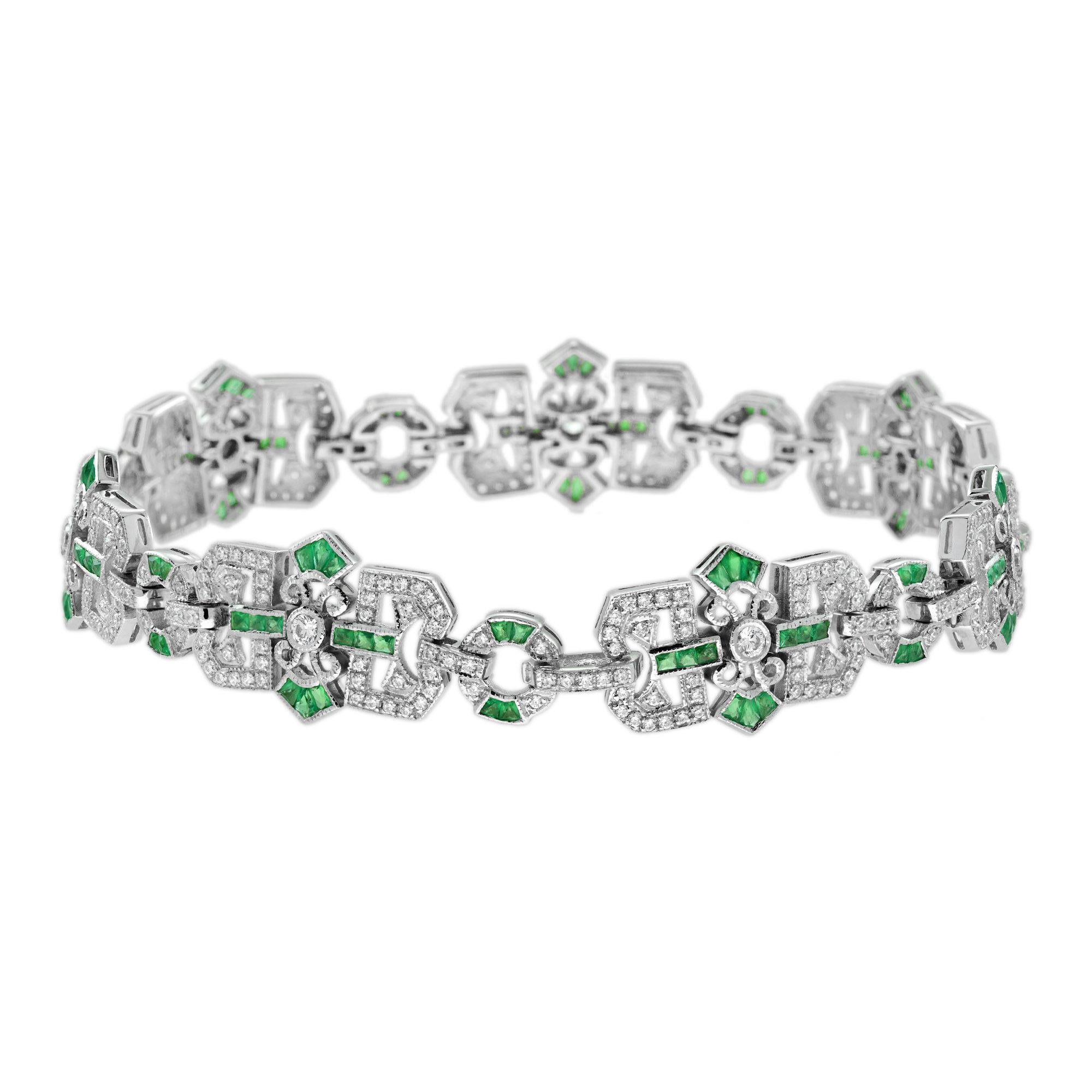 Taille ronde Bracelet en or blanc 18 carats avec diamants et émeraudes de style Art déco en vente