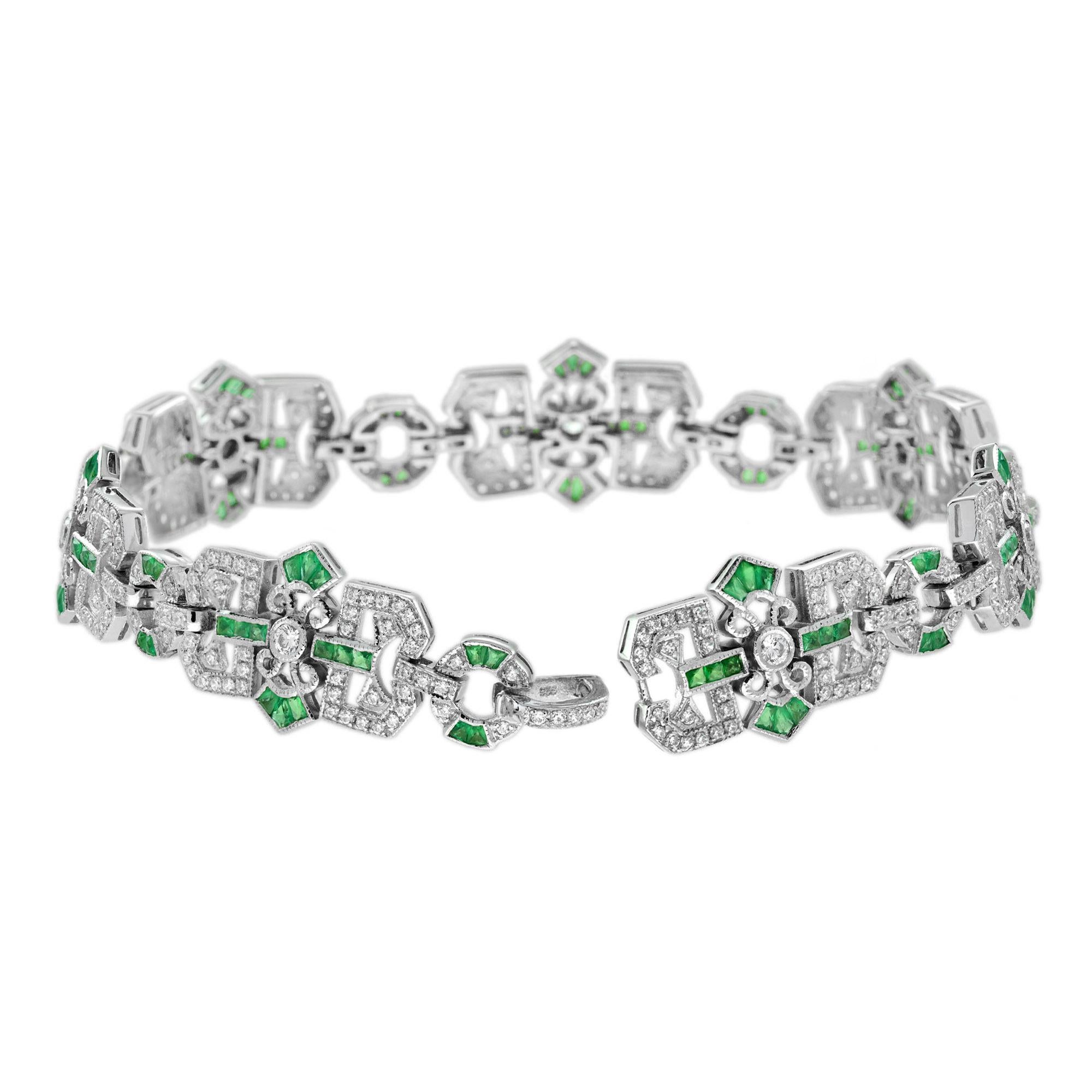 Bracelet en or blanc 18 carats avec diamants et émeraudes de style Art déco Neuf - En vente à Bangkok, TH