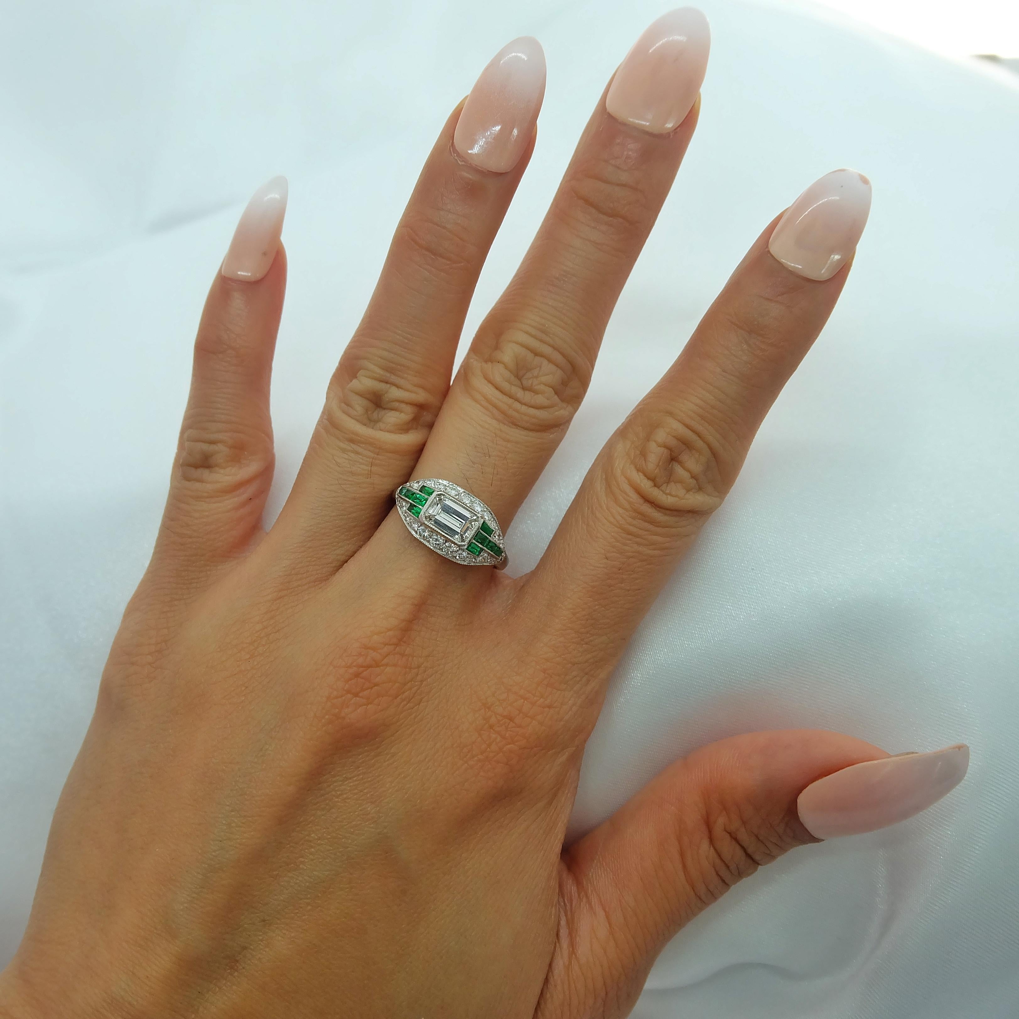 Emerald Cut Sophia D. Diamond and Emerald Art Deco Platinum Ring For Sale