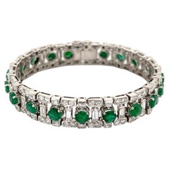 Diamond and Emerald Art Deco Revival Gold Bracelet Estate Fine Jewelry