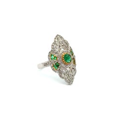 Diamond and Emerald Art Deco Revival Gold Vintage Navette Ring