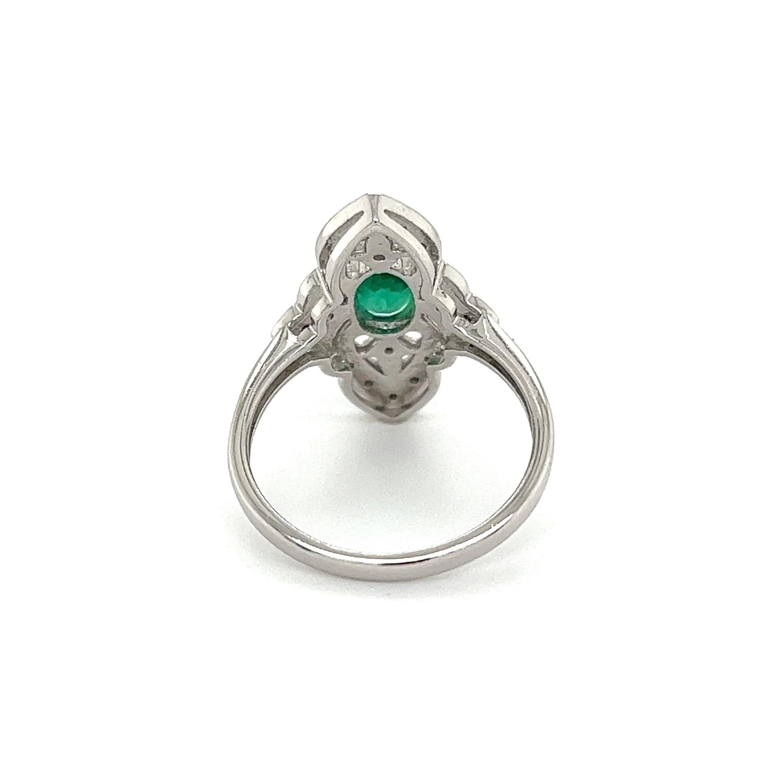 Women's Diamond and Emerald Art Deco Revival Gold Vintage Navette Ring