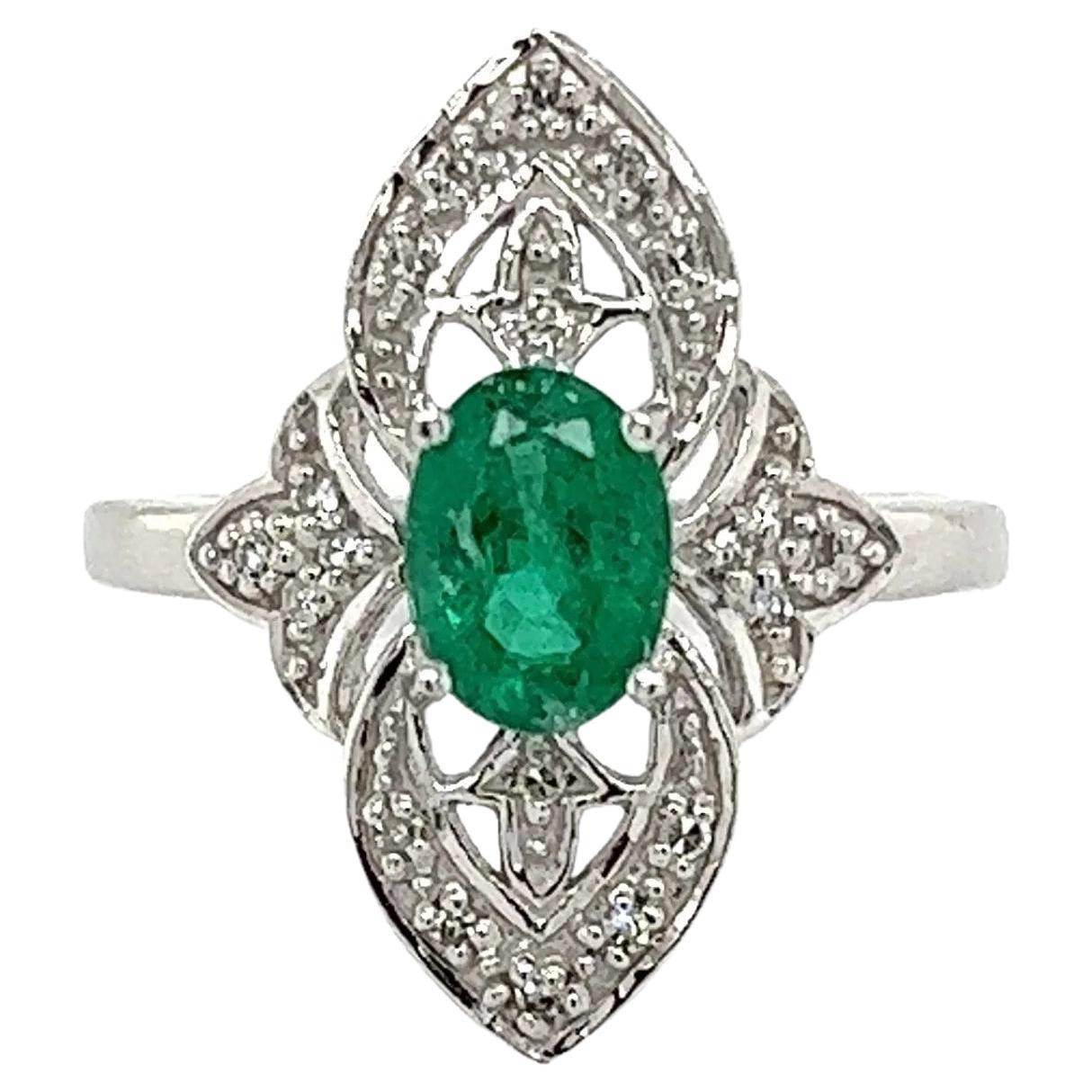 Diamond and Emerald Art Deco Revival Gold Vintage Navette Ring