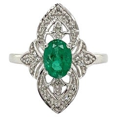 Diamond and Emerald Art Deco Revival Gold Vintage Navette Ring
