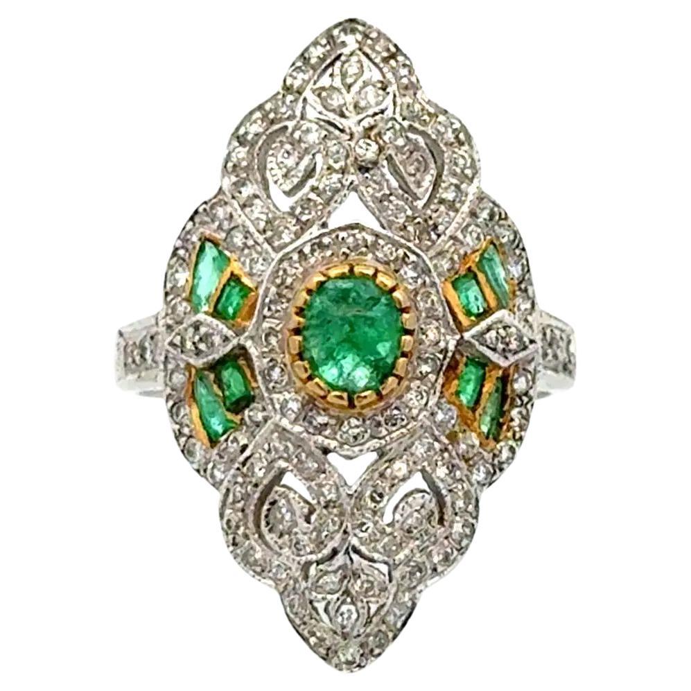Anello con diamante e smeraldo Art Deco Revival in oro Vintage Navette