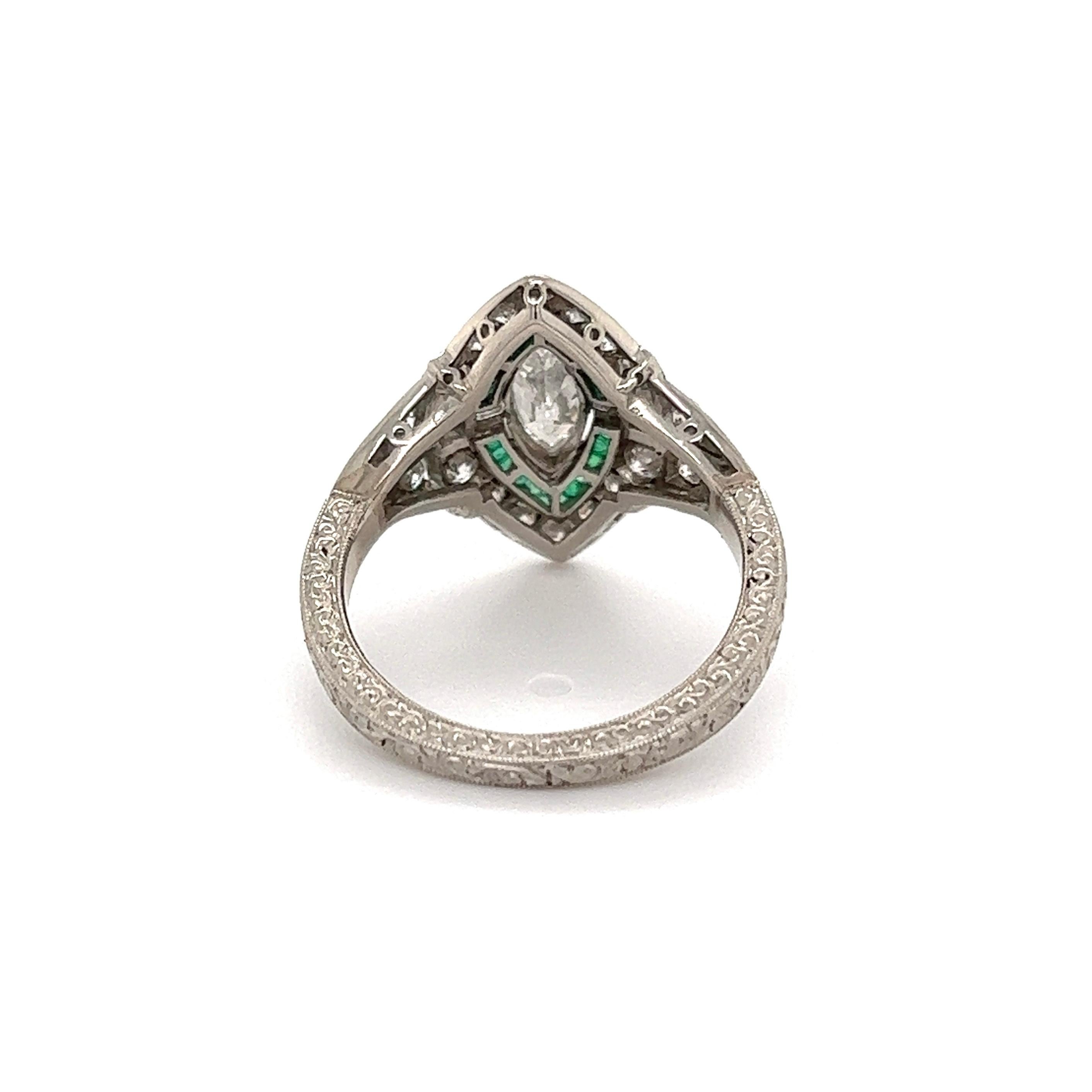 Women's Diamond and Emerald Art Deco Revival Platinum Ring Estate Fine Jewelry