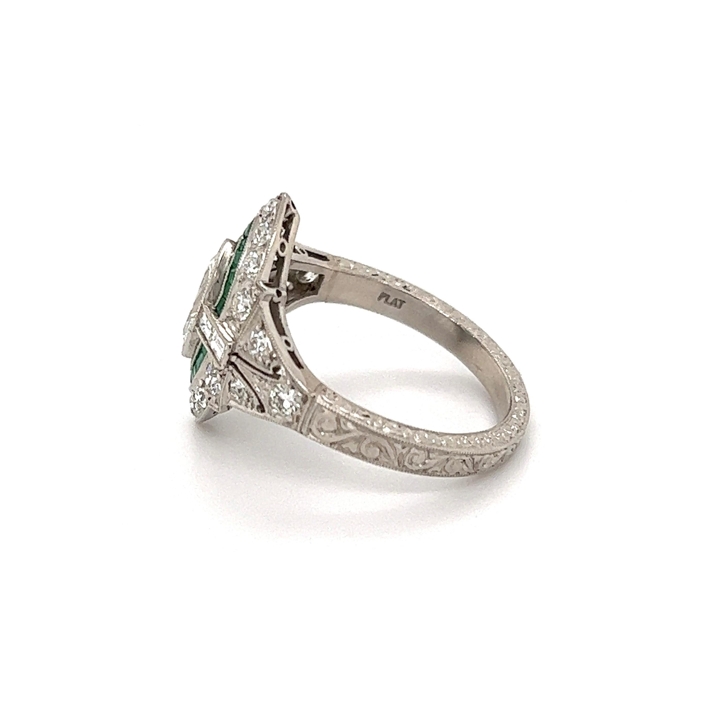 Diamond and Emerald Art Deco Revival Platinum Ring Estate Fine Jewelry 1