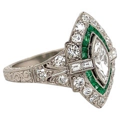 Diamond and Emerald Art Deco Revival Platinum Ring Estate Fine Jewelry