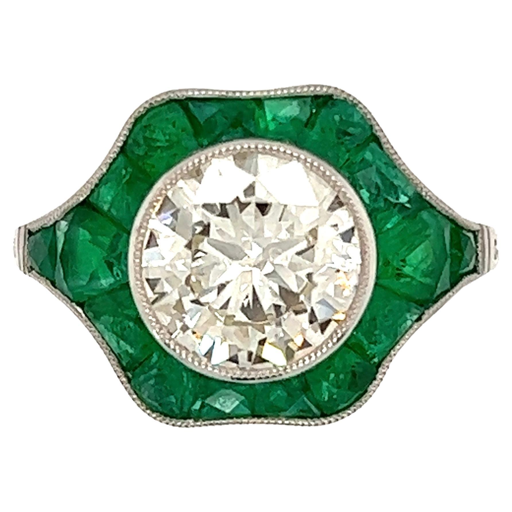 Emerald and Diamond Hexagon Art Deco Style Platinum Ring Fine Estate