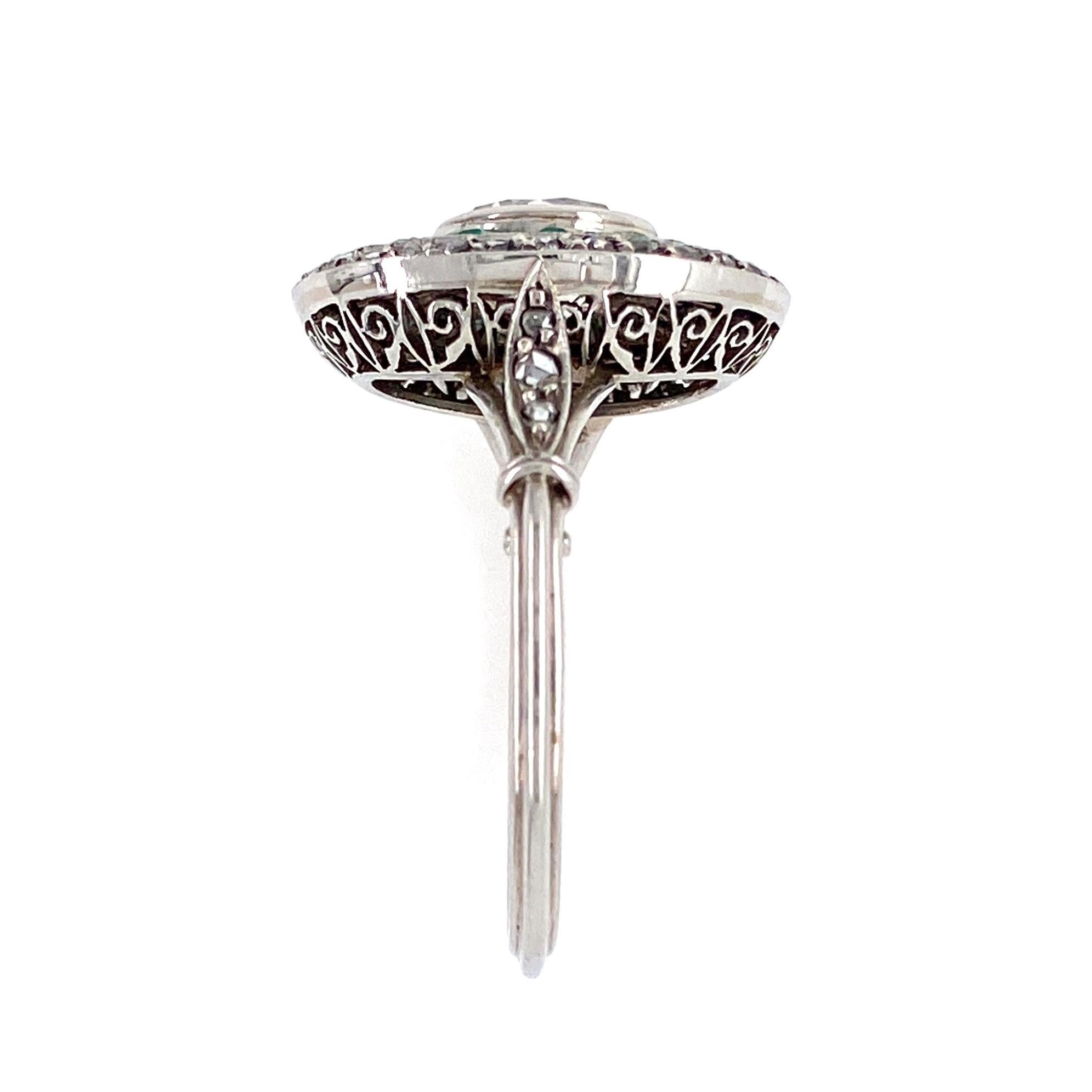 Mixed Cut Diamond and Emerald Art Deco Style Cocktail Platinum Ring Estate Fine Jewelry
