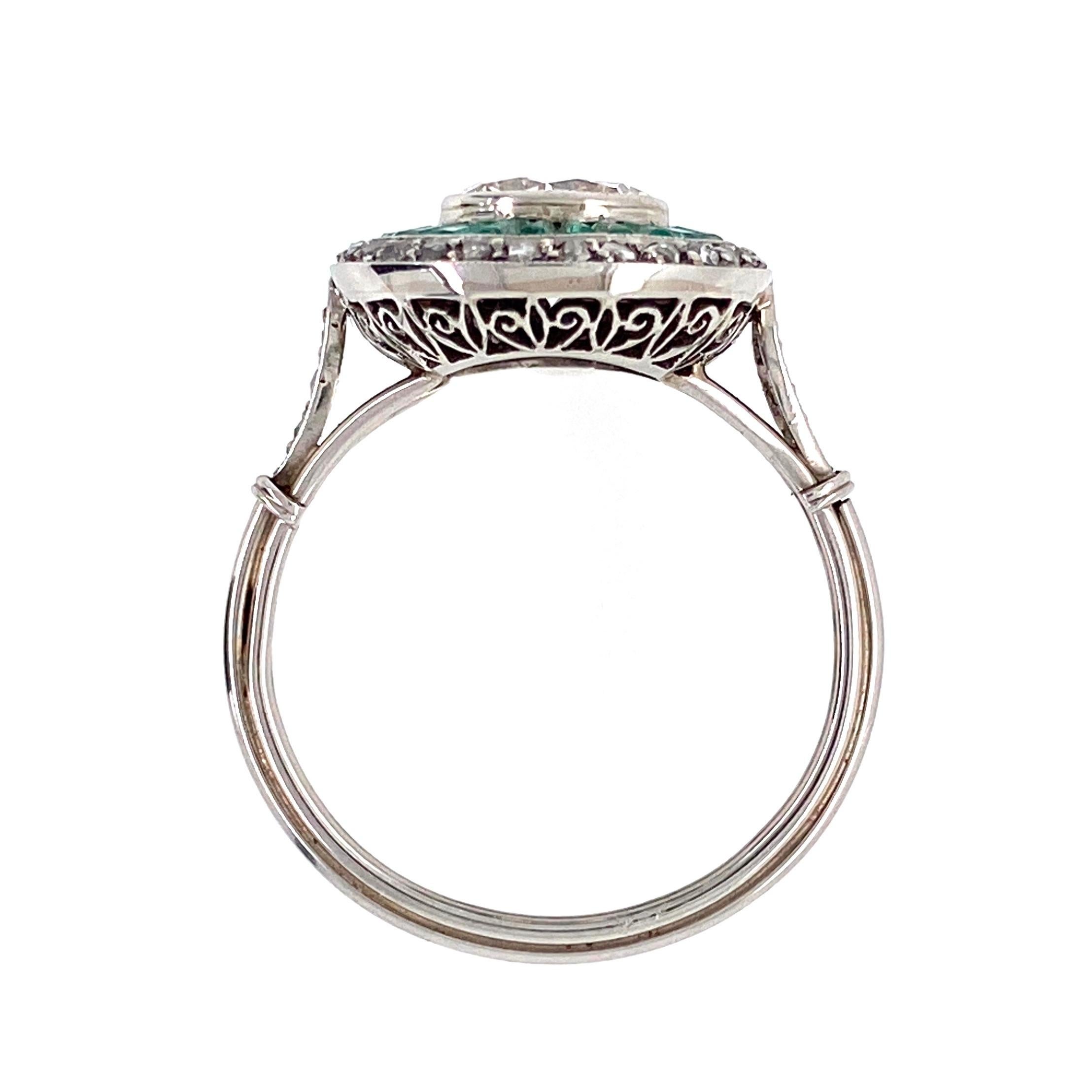 Women's Diamond and Emerald Art Deco Style Cocktail Platinum Ring Estate Fine Jewelry