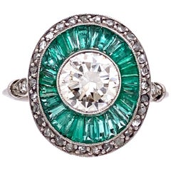 Diamond and Emerald Art Deco Style Cocktail Platinum Ring Estate Fine Jewelry