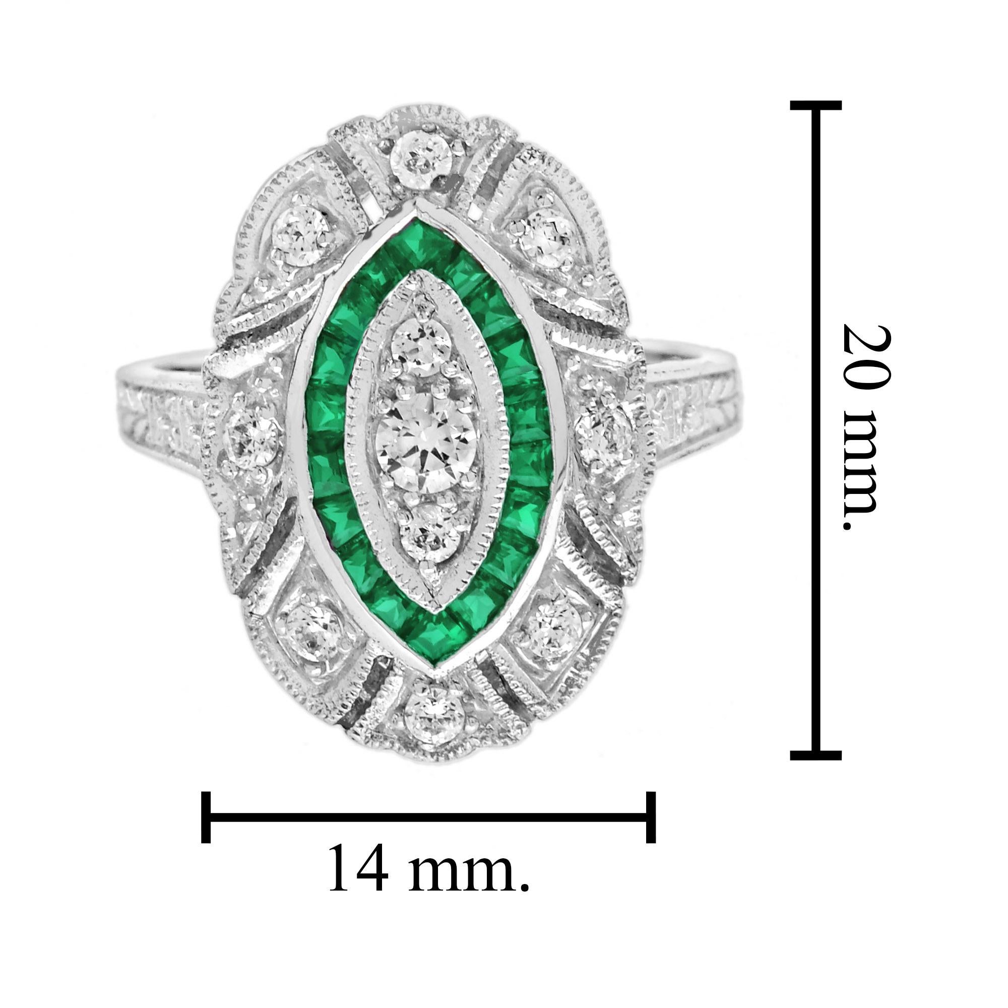 Anello da cocktail in stile Art Déco con diamanti e smeraldi in oro bianco 18 carati in vendita 2