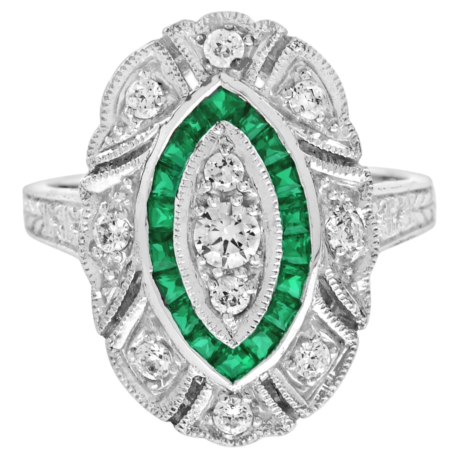 Diamond and Emerald Art Deco Style Cocktail Ring in 18K White Gold