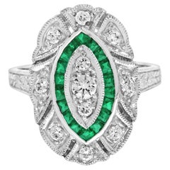 Diamond and Emerald Art Deco Style Cocktail Ring in 18K White Gold