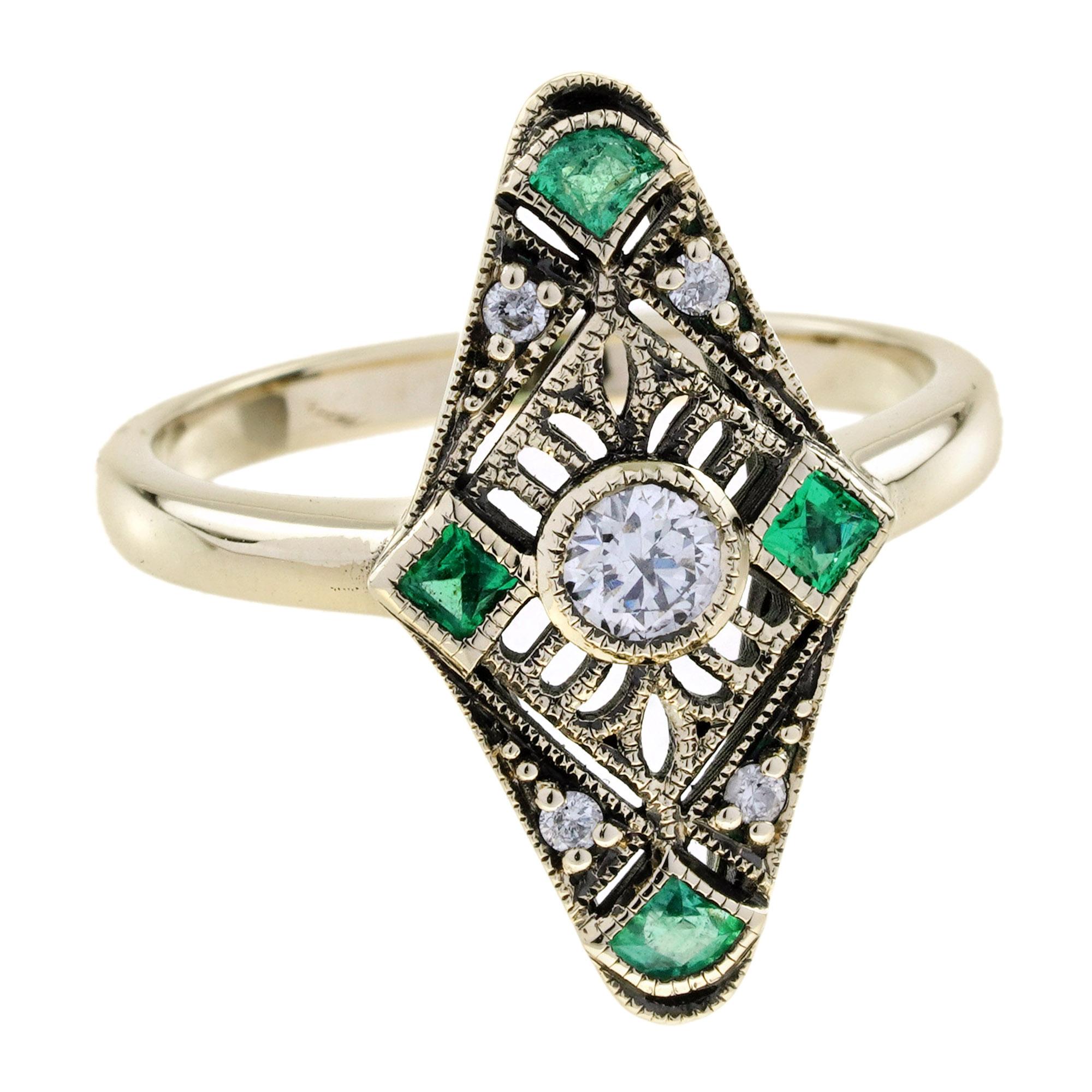 Anello da cocktail in stile Art Déco con diamanti e smeraldi in oro giallo 9K in vendita 1