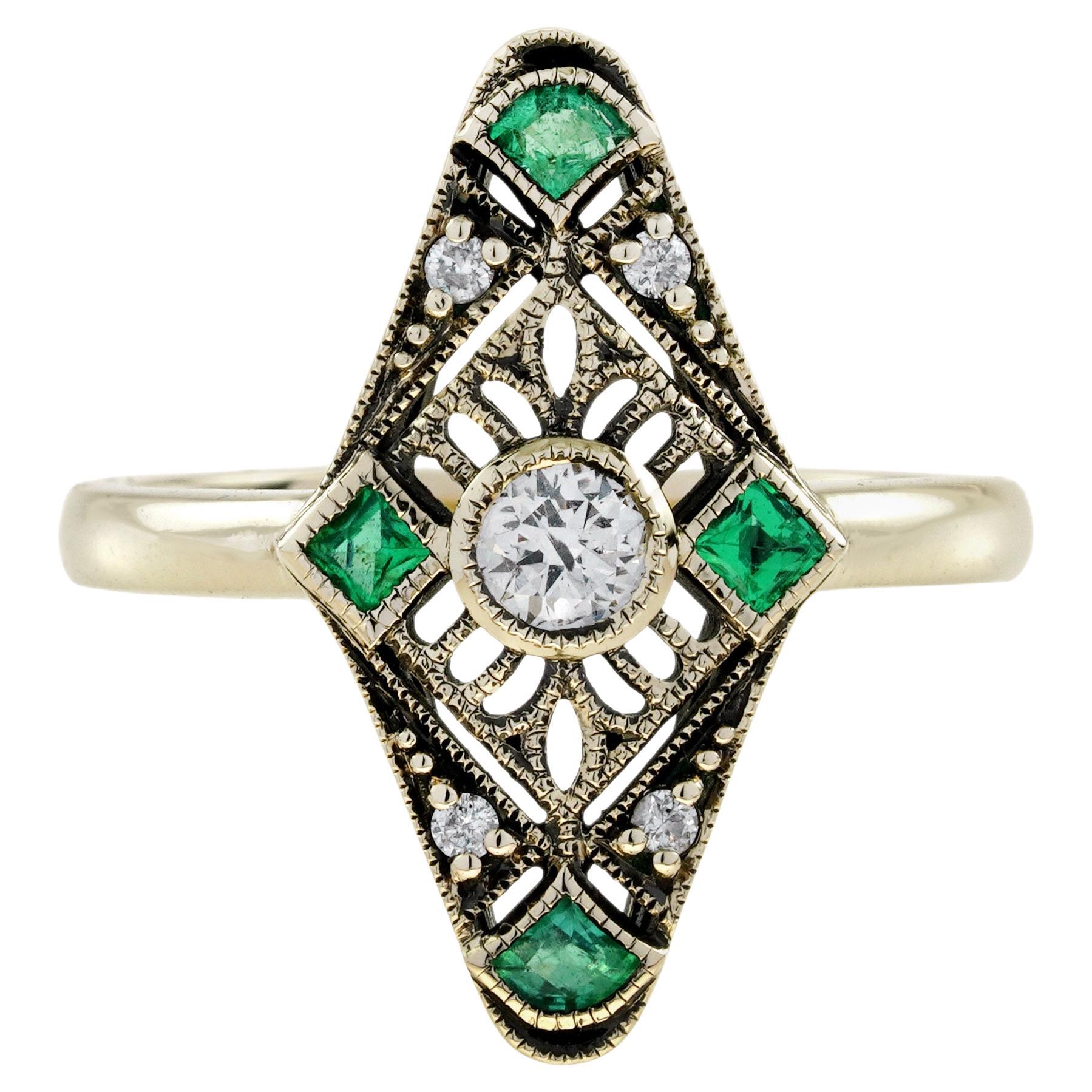 Bague de cocktail en or jaune 9K avec diamants et émeraudes de style Art Déco