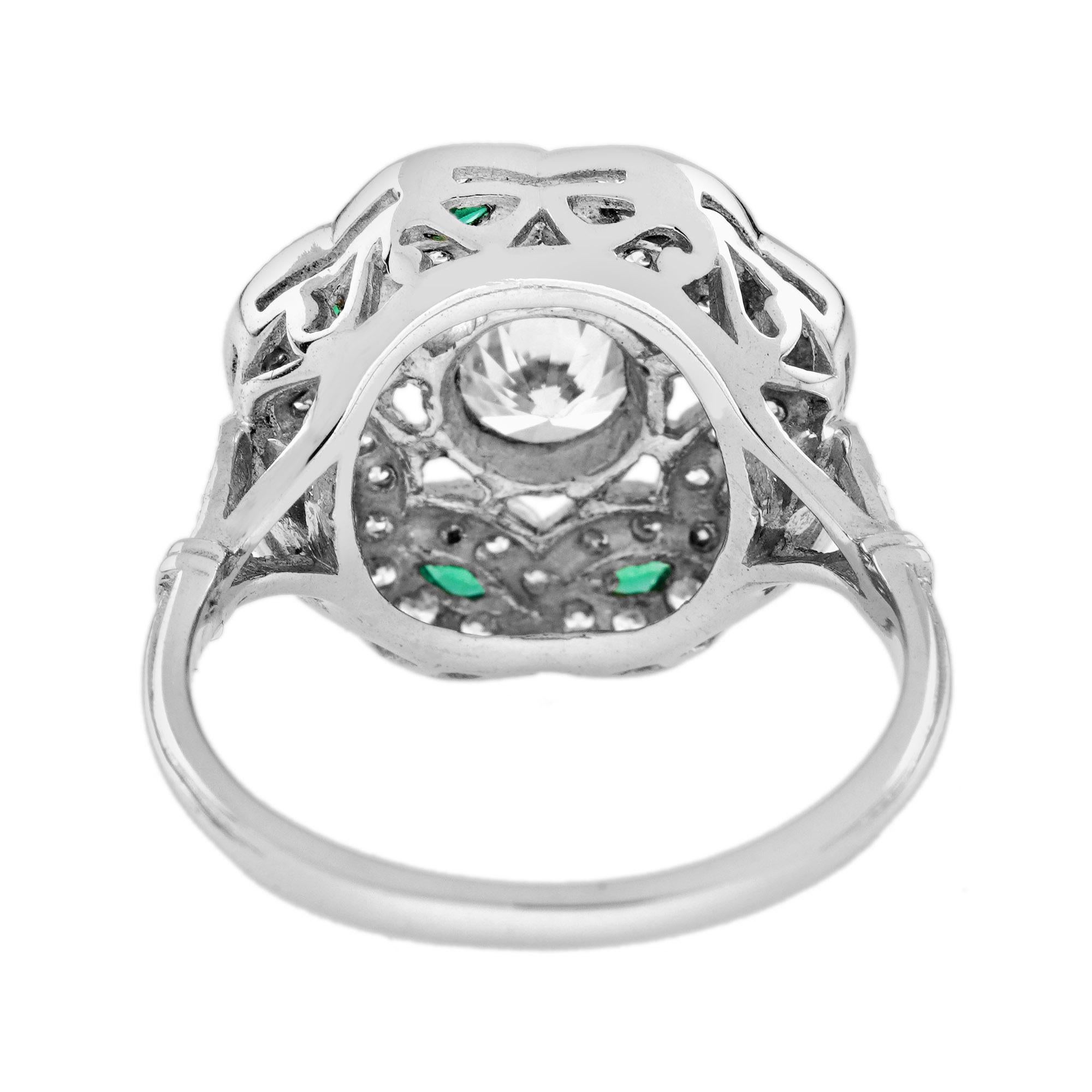 Women's Diamond and Emerald Art Deco Style Curl Ring in 18K White Gold For Sale
