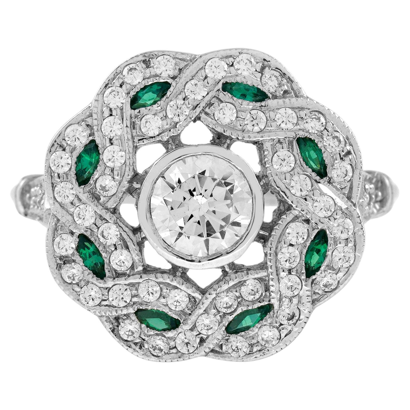 Diamond and Emerald Art Deco Style Curl Ring in 18K White Gold For Sale